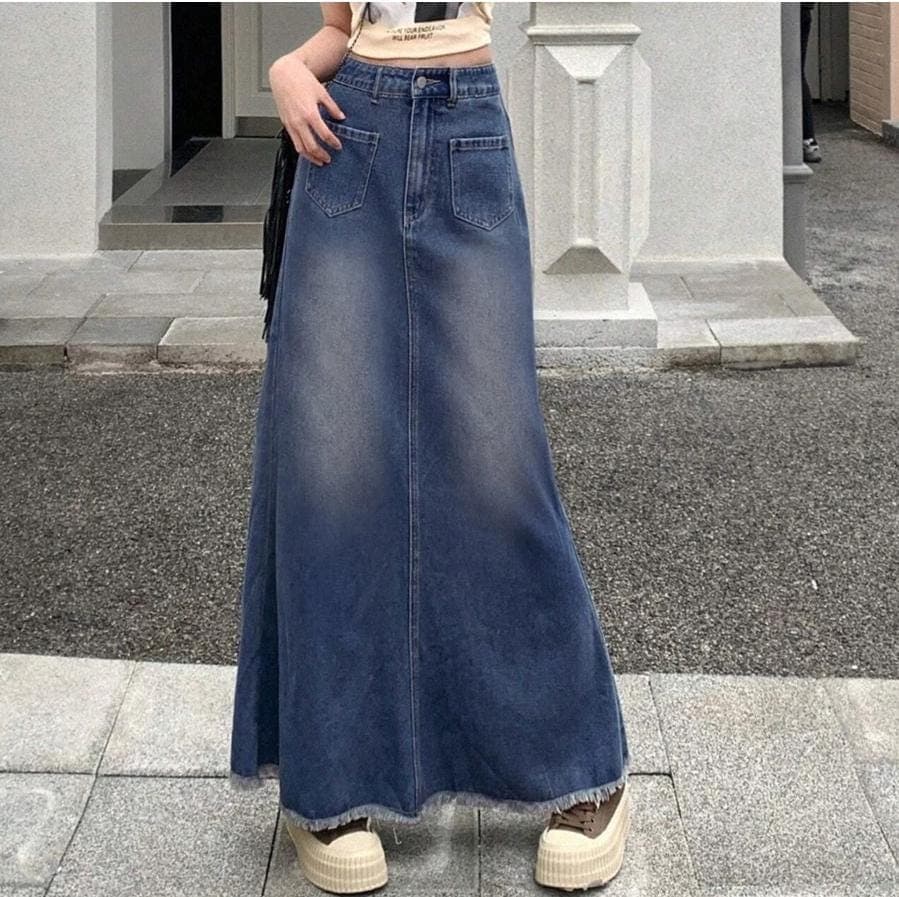 High Waisted Denim Mermaid Skirt, A-Line Long Jean Skirt, Y2K Korean Fashion, Casual Elastic Waist Streetwear Skirt - image 4
