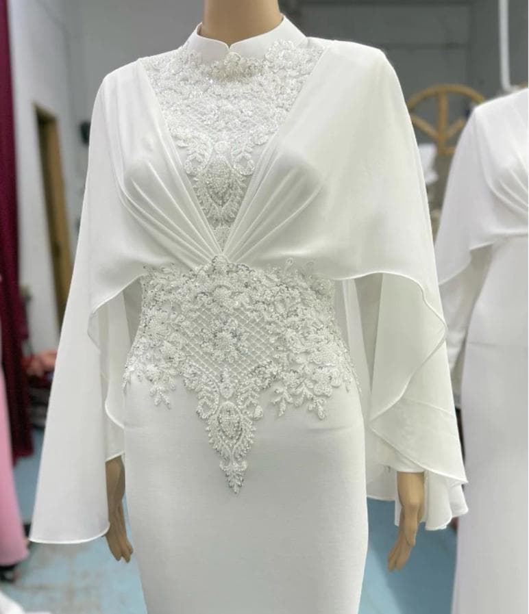 Elegant Lace and Heavy Chiffon Wedding Dress with Cape Sleeve Detail – Timeless Bridal Dress for Your Special Day, Minimalist Wedding Dress - image 5