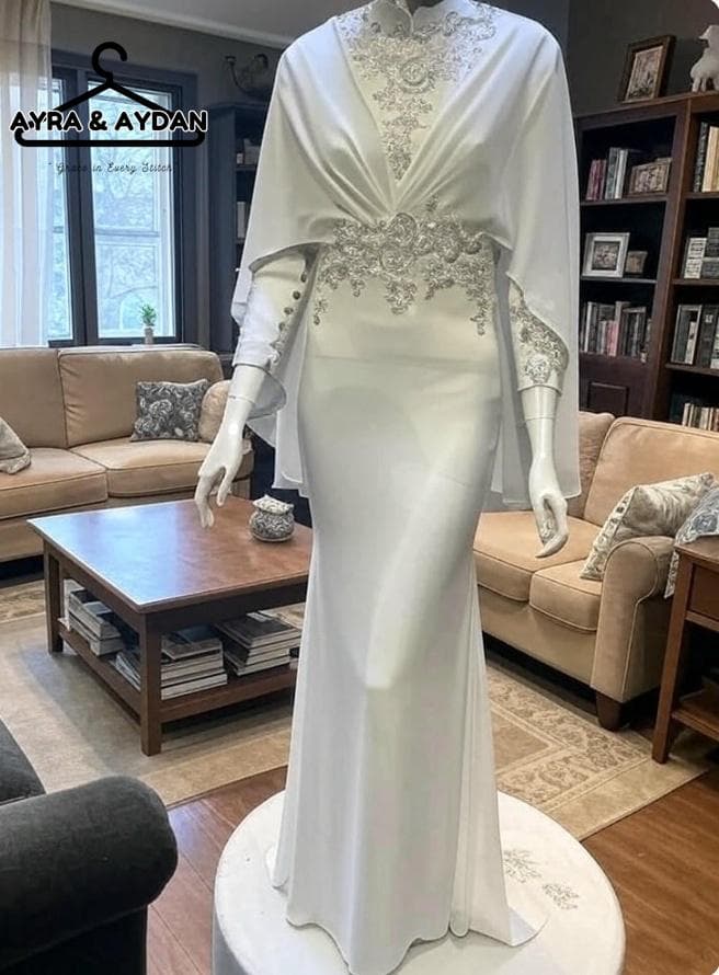 Elegant Lace and Heavy Chiffon Wedding Dress with Cape Sleeve Detail – Timeless Bridal Dress for Your Special Day, Minimalist Wedding Dress - image 4