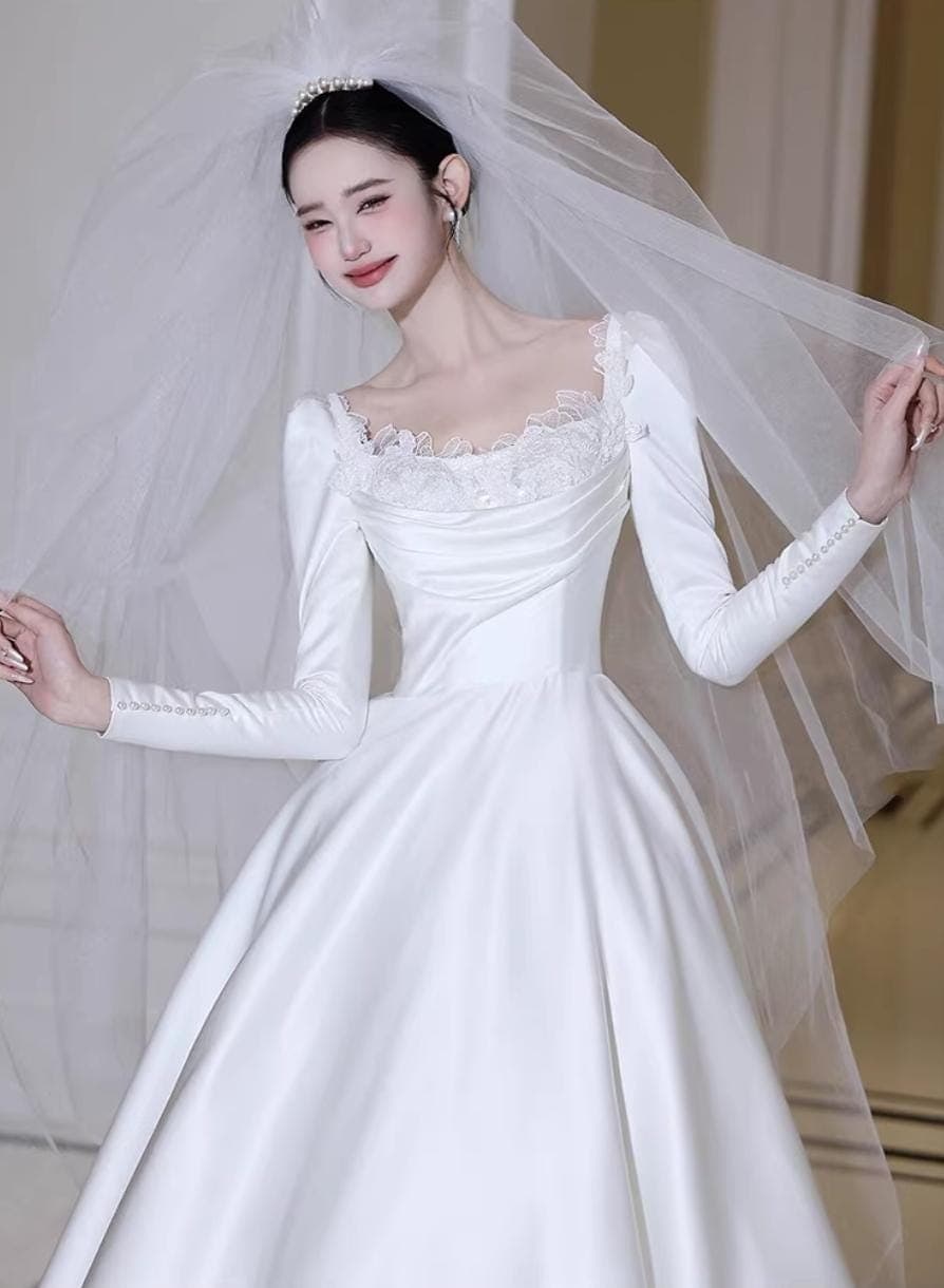 Minimalist Satin Wedding Dress, Long Sleeve Bridal Gown with Lace Square Neckline, Classic A-Line Modest Dress, Vintage Inspired Gow - image 3