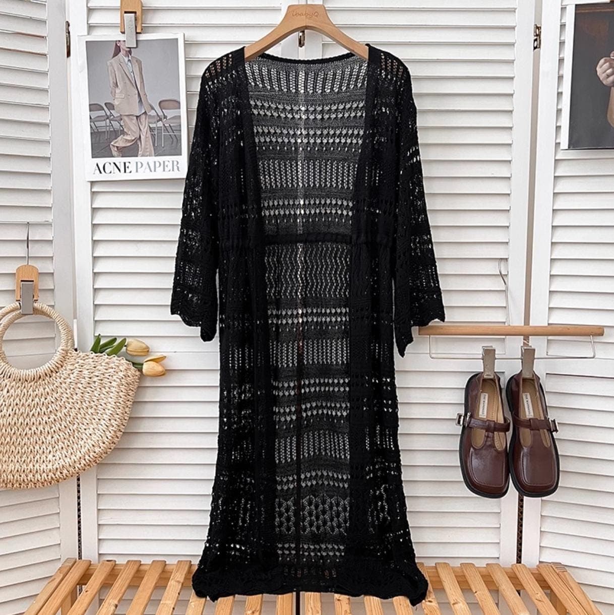 Bohemian Lace Knit Cardigan, Long Open-Knit Duster, Summer Beach Cover Up, Lightweight Pointelle Kimono Sweater - image 3