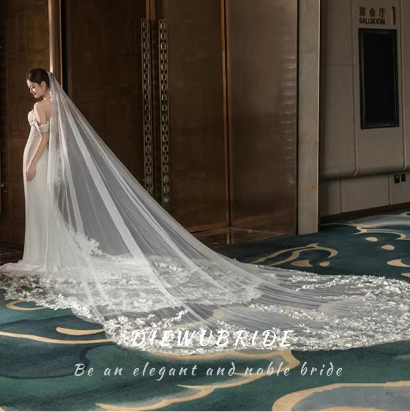 Elegant 350 CM Long Train Lace Wedding Veil | Off White Bridal Veil with French Lace Edges, Perfect Bride Gift - image 3