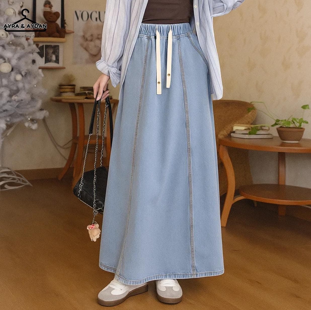 High Waisted Denim Maxi Skirt, A-Line Long Jean Skirt with Drawstring, Y2K Korean Fashion, Casual Elastic Waist Streetwear Skirt
