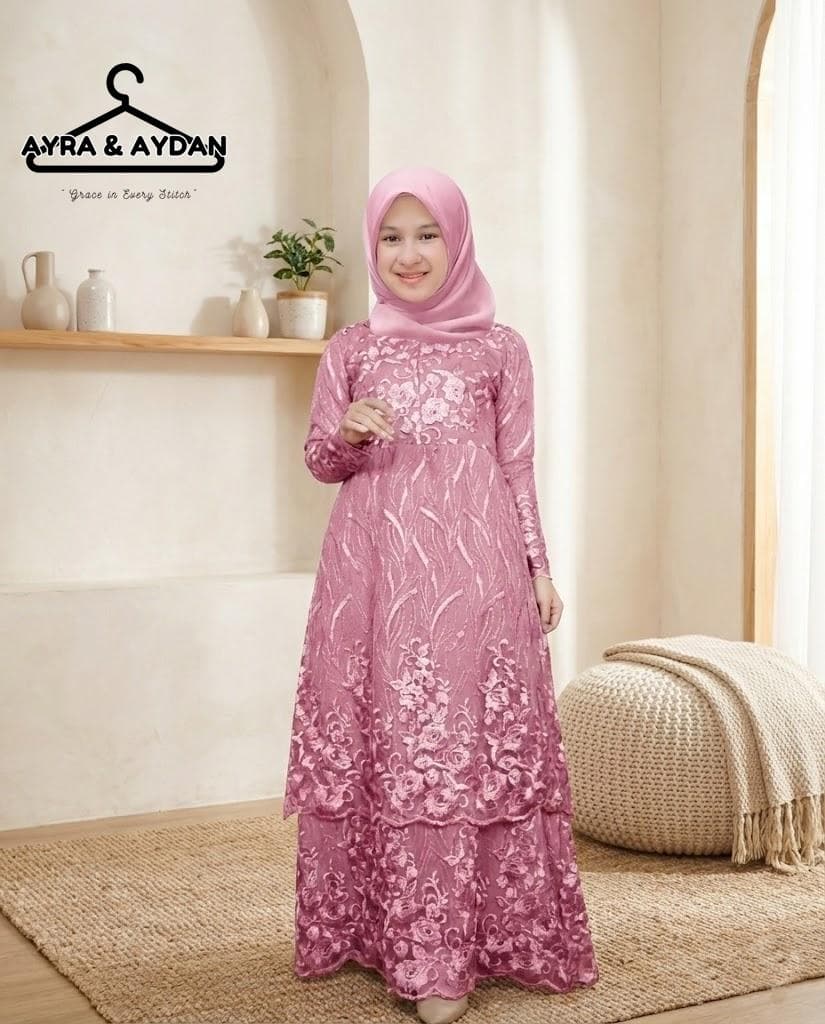 Kids Floral Lace Maxi Dress Modest Muslim Girls | Tiered Layered Long Sleeve Gown Elegant for Eid Ramadan, Hijab Friendly Luxury Modest Wear