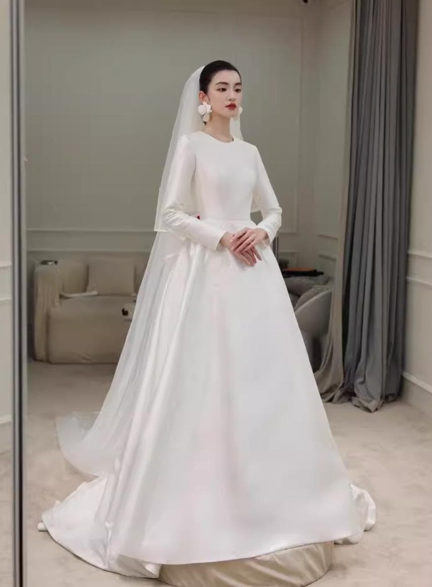 Elegant French Style Minimalist Modest Satin Wedding Gown with Long Sleeves - image 4