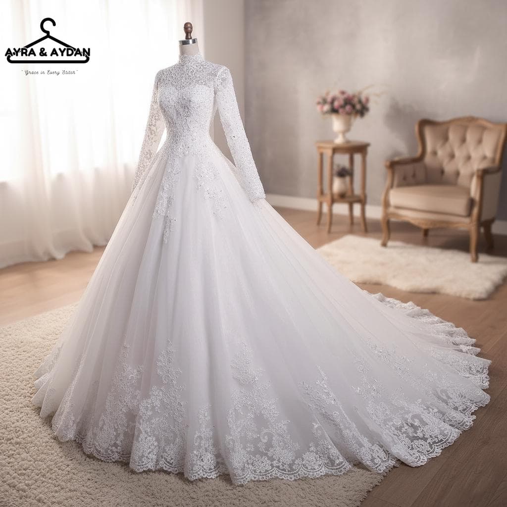 Elegant Lace Long Sleeve High Neck Ball Gown Wedding Dress - Modest White Bridal Gown with Tulle Skirt & Train - image 3