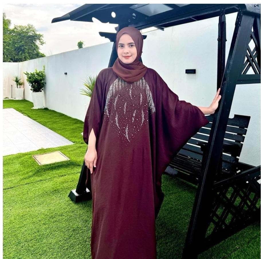 Embellished Brown Kaftan Abaya Dress, Modest Islamic Batwing Dress for Women, Loose Fit Dubai Style Caftan, Muslim Maxi Dress, Eid Gift - image 3