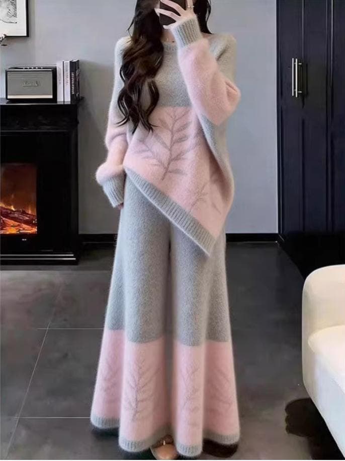 Cozy Pink & Grey Fuzzy Knit Two-Piece Set - Asymmetrical Leaf Pattern Sweater and Maxi Skirt - Korean Fashion Lounge Outfit - Winter Gift - image 4