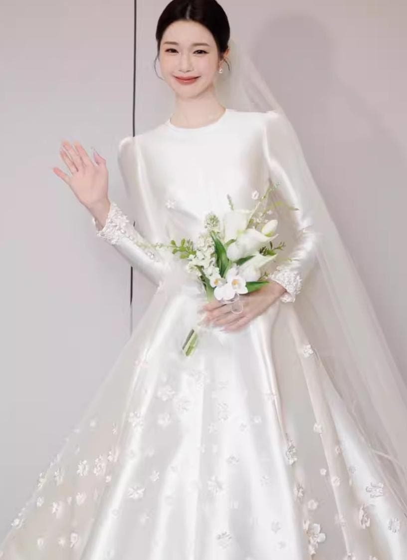 Modest Satin Wedding Dress, Long Sleeve Muslim Bridal Gown with 3D Floral Applique, High Neck A-Line Hijab Friendly Dress, Elegant Bridal - image 5