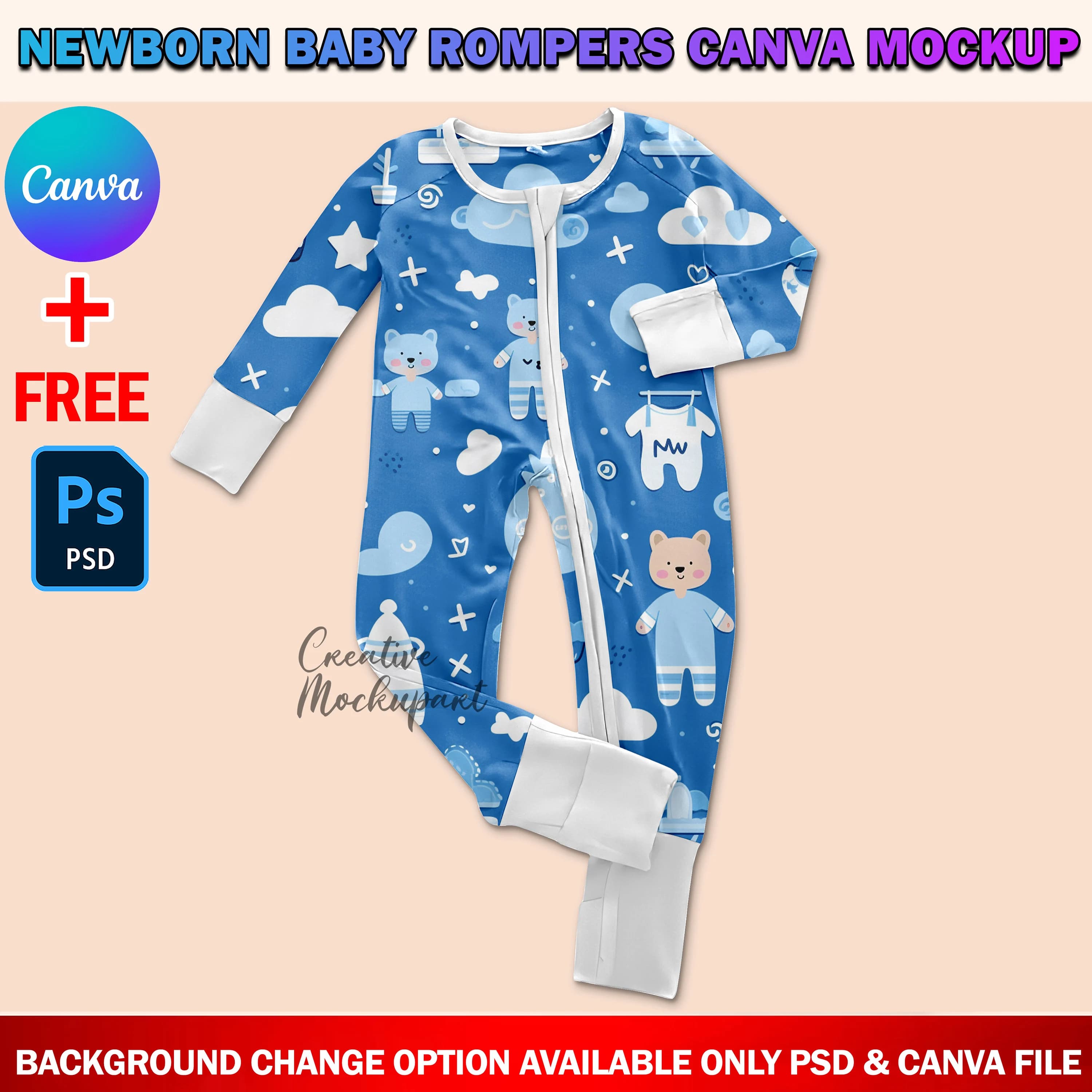 Canva Newborn Baby Romper Mockup, Full Sleeve Baby Onesie Mockup, Baby Grow Mockup, Add Design & Background Into Smart Canva Frame, PSD - image 4
