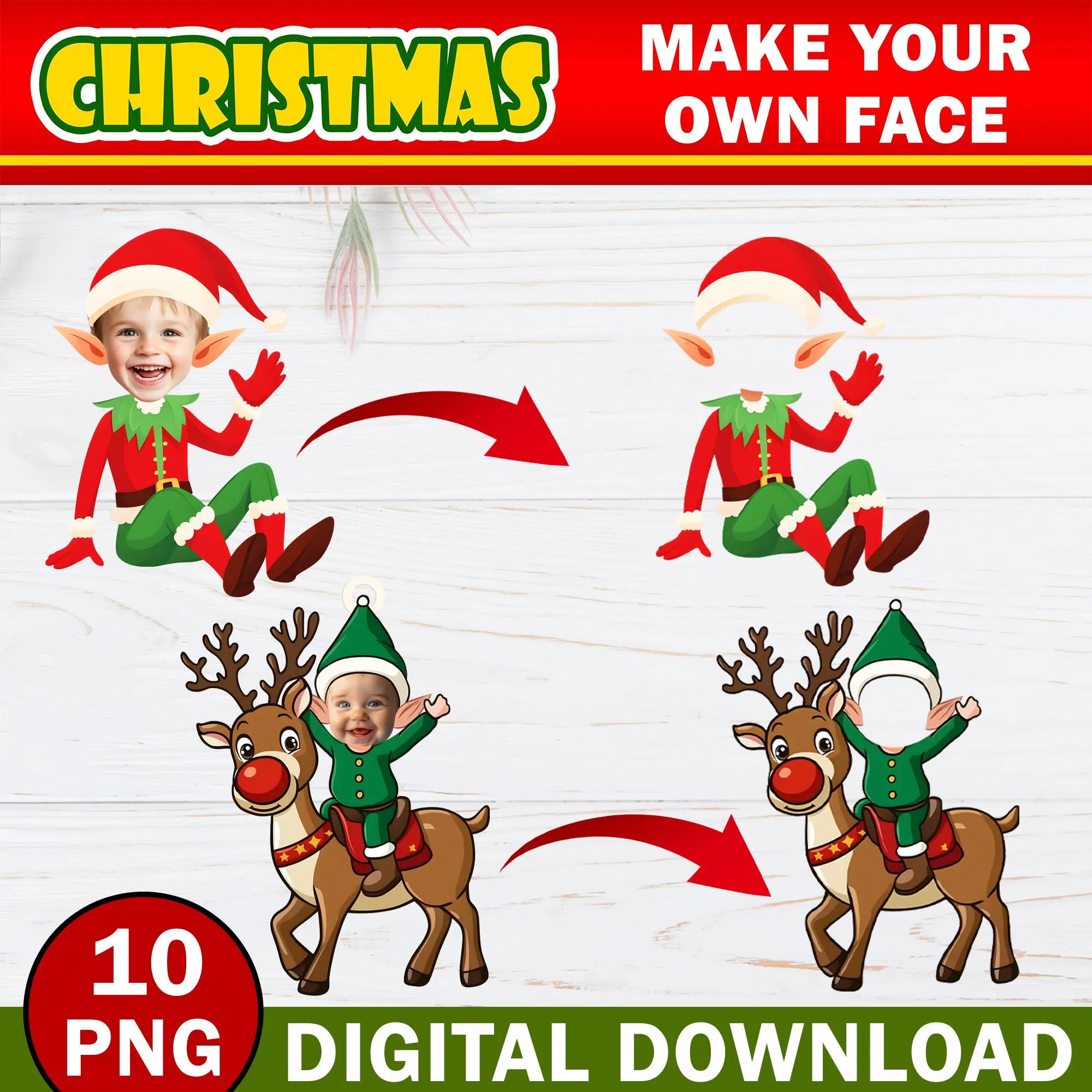 10x Christmas Add Your Own Custom Photo Face Ornament, DIY Elf Yourself PNG Bundle, Elf Face Blank, Xmas Office Ornament For Party & Decor - image 4