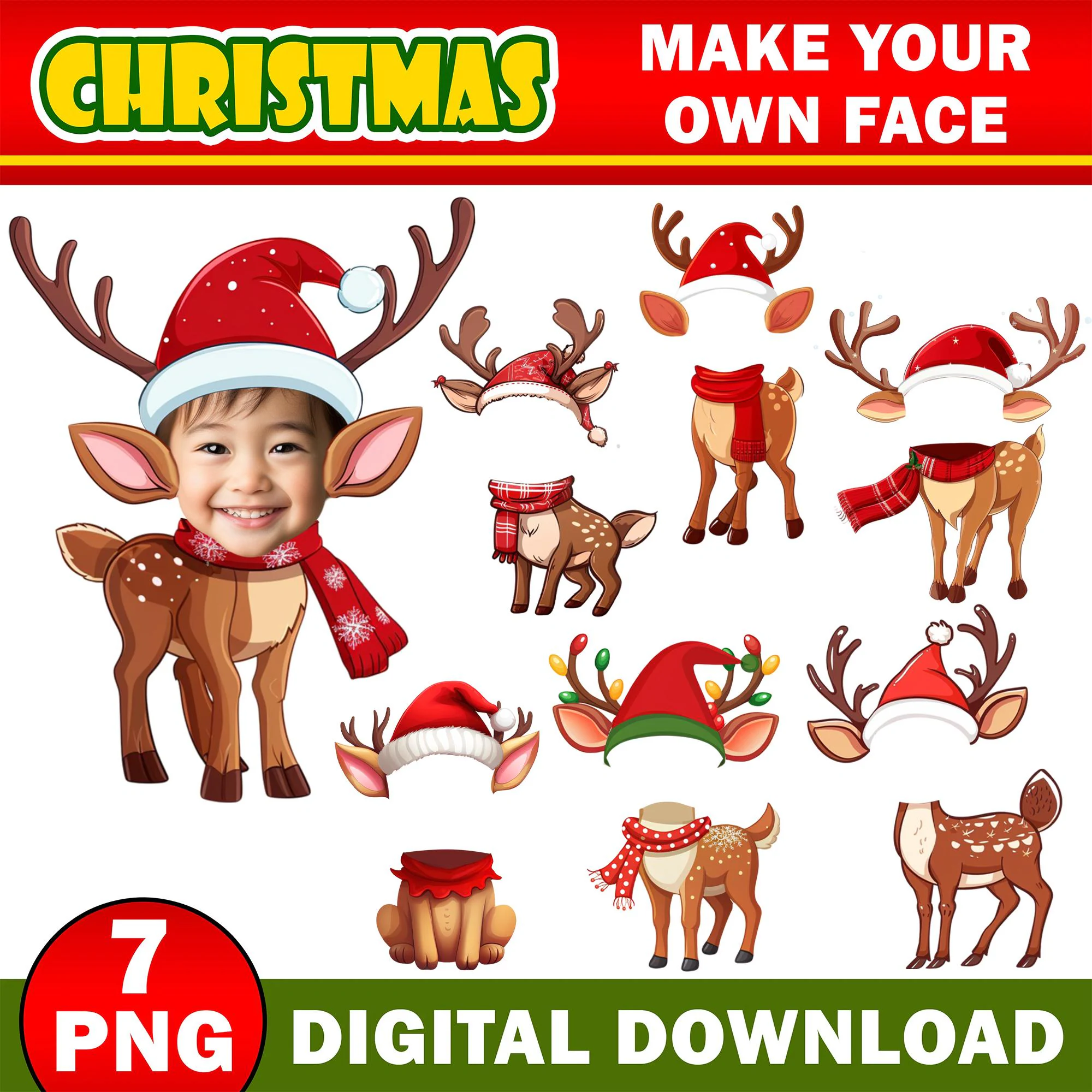 Christmas Add Your Own Photo Face, DIY Reindeer Yourself PNG Bundle,  Reindeer Face Blank, Xmas Craft for Kids, Xmas Bulletin Board Decor
