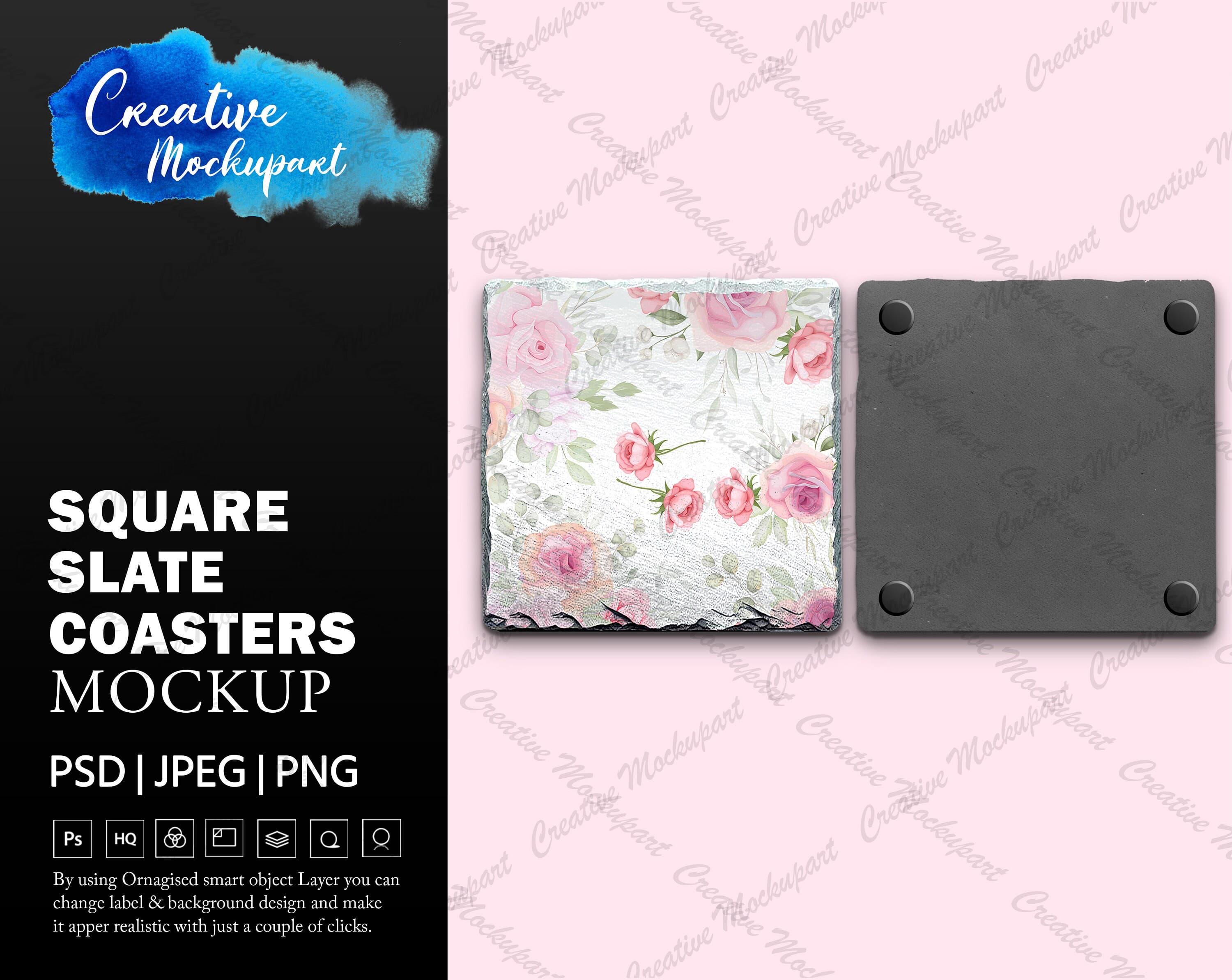 DYE Sublimation Square Slate Coasters Front and Back Mockup | Add your own Design Via Photoshop Smart PSD Object and Canva PNG - image 5