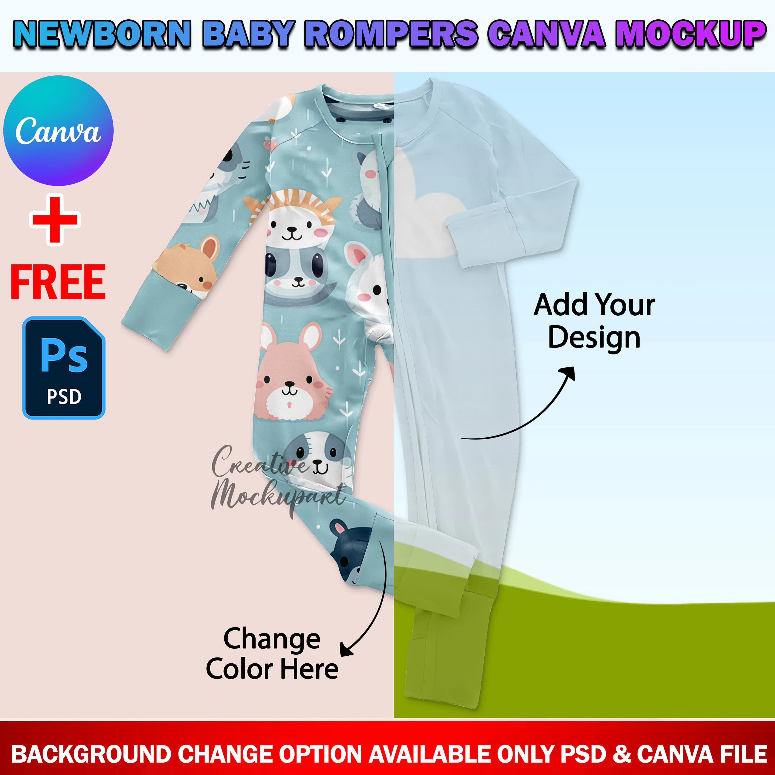 Canva Newborn Baby Romper Mockup, Full Sleeve Baby Onesie Mockup, Baby Grow Mockup, Add Design & Background Into Smart Canva Frame, PSD