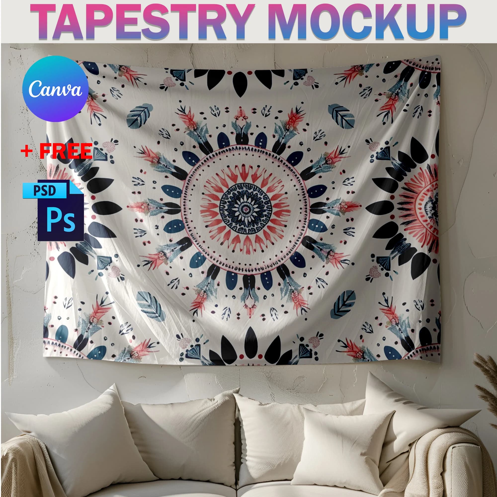 Canva & PSD Tapestry Mockup, Wall Flag Mockup, Boho Tapestry Mockup, Transparent PNG, Photoshop PSD, Canva Frame Tapestry Diversified Pack - image 3