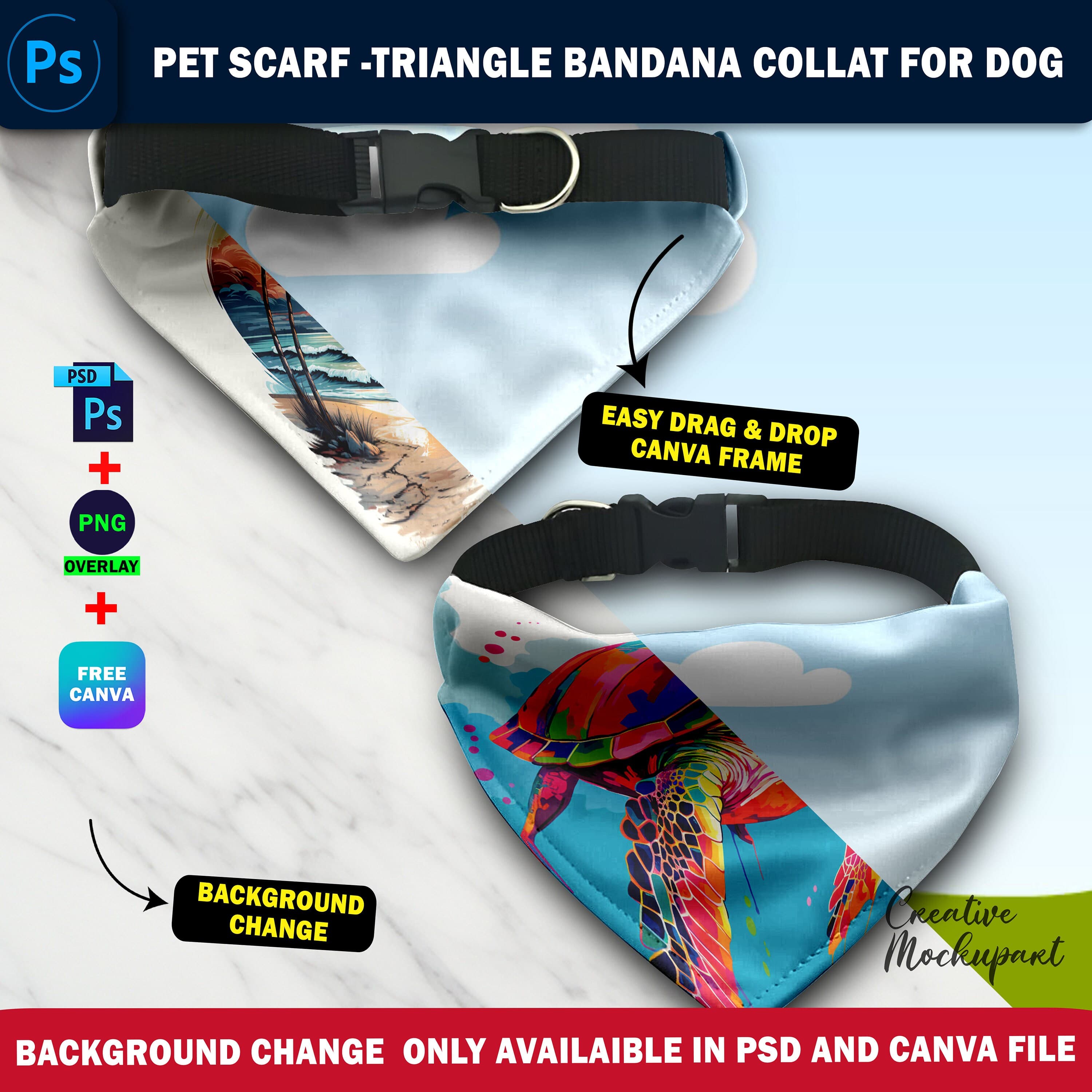 Dye Sublimation Pet Scarf Mockup, Triangle Bandana With Collar Mockup, Insert Design & Background Via Smart Canva Frame, Photoshop PSD - image 3