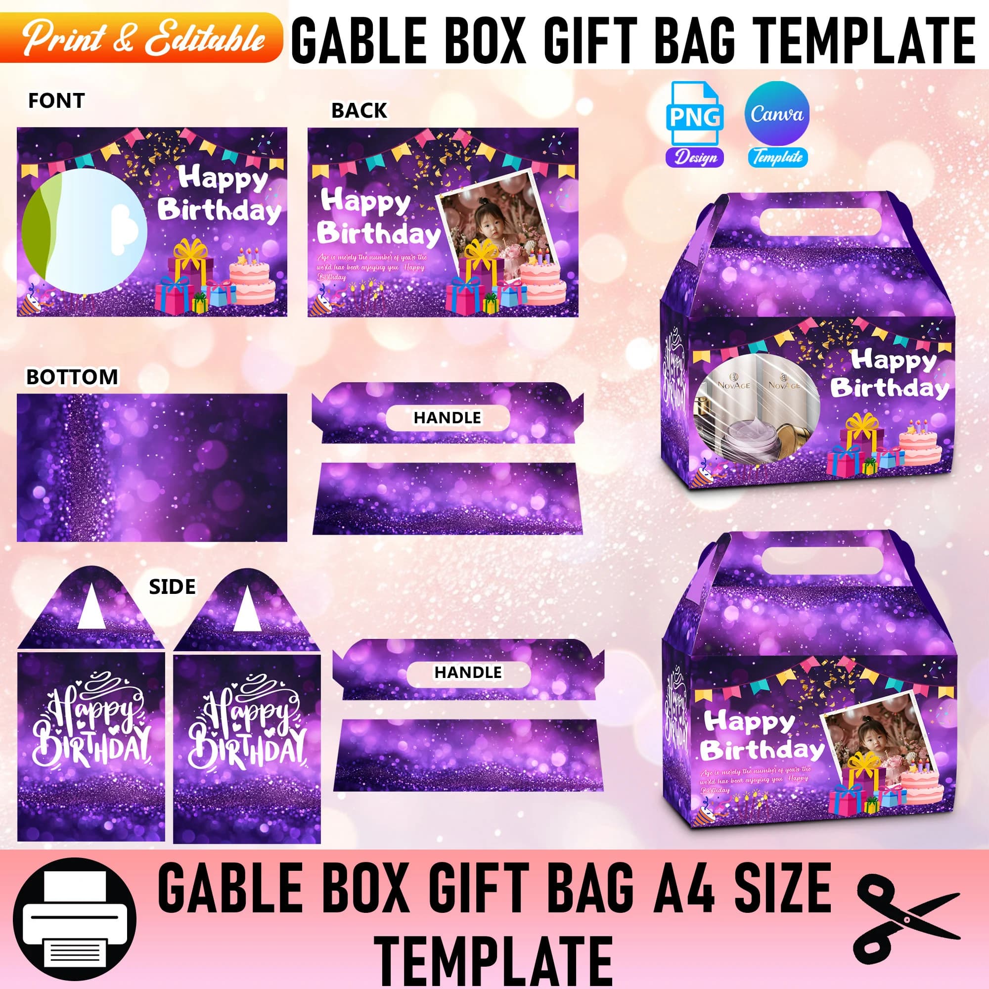 Editable Birthday Gable Box Gift Template, Sparkle Purple Birthday Favor Box Birthday Party Gable Box Printable Goody Box/Bag Label Template