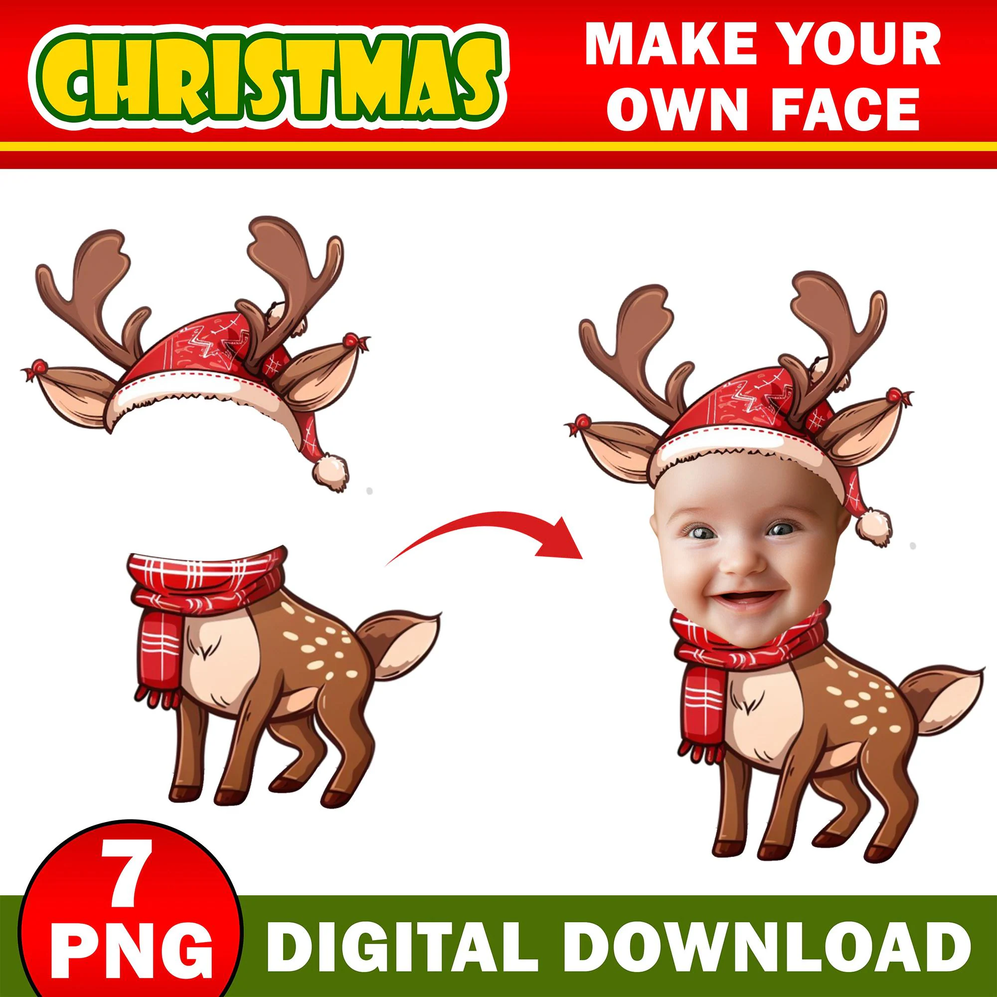 Christmas Add Your Own Photo Face, DIY Reindeer Yourself PNG Bundle,  Reindeer Face Blank, Xmas Craft for Kids, Xmas Bulletin Board Decor - image 3