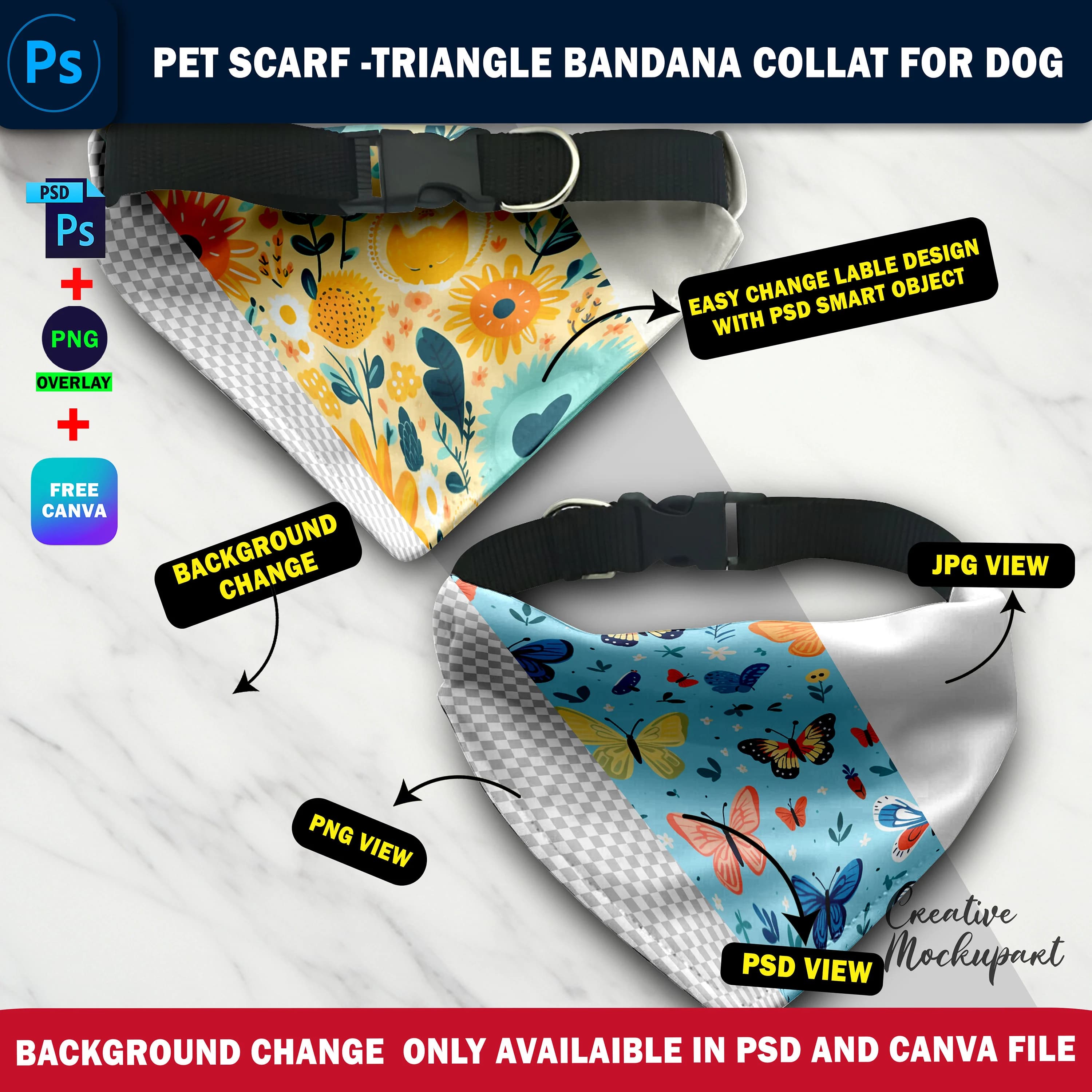 Dye Sublimation Pet Scarf Mockup, Triangle Bandana With Collar Mockup, Insert Design & Background Via Smart Canva Frame, Photoshop PSD