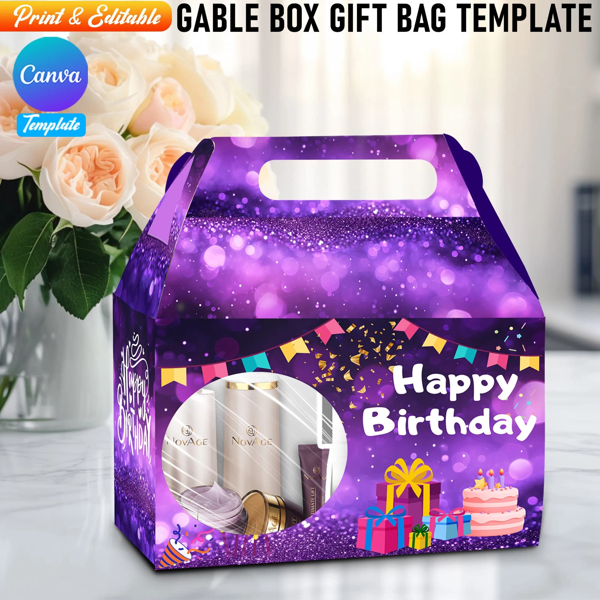 Editable Birthday Gable Box Gift Template, Sparkle Purple Birthday Favor Box Birthday Party Gable Box Printable Goody Box/Bag Label Template - image 3