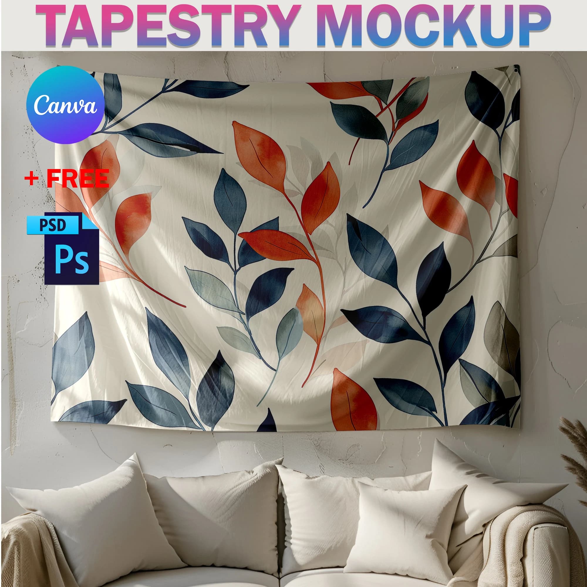 Canva & PSD Tapestry Mockup, Wall Flag Mockup, Boho Tapestry Mockup, Transparent PNG, Photoshop PSD, Canva Frame Tapestry Diversified Pack - image 4