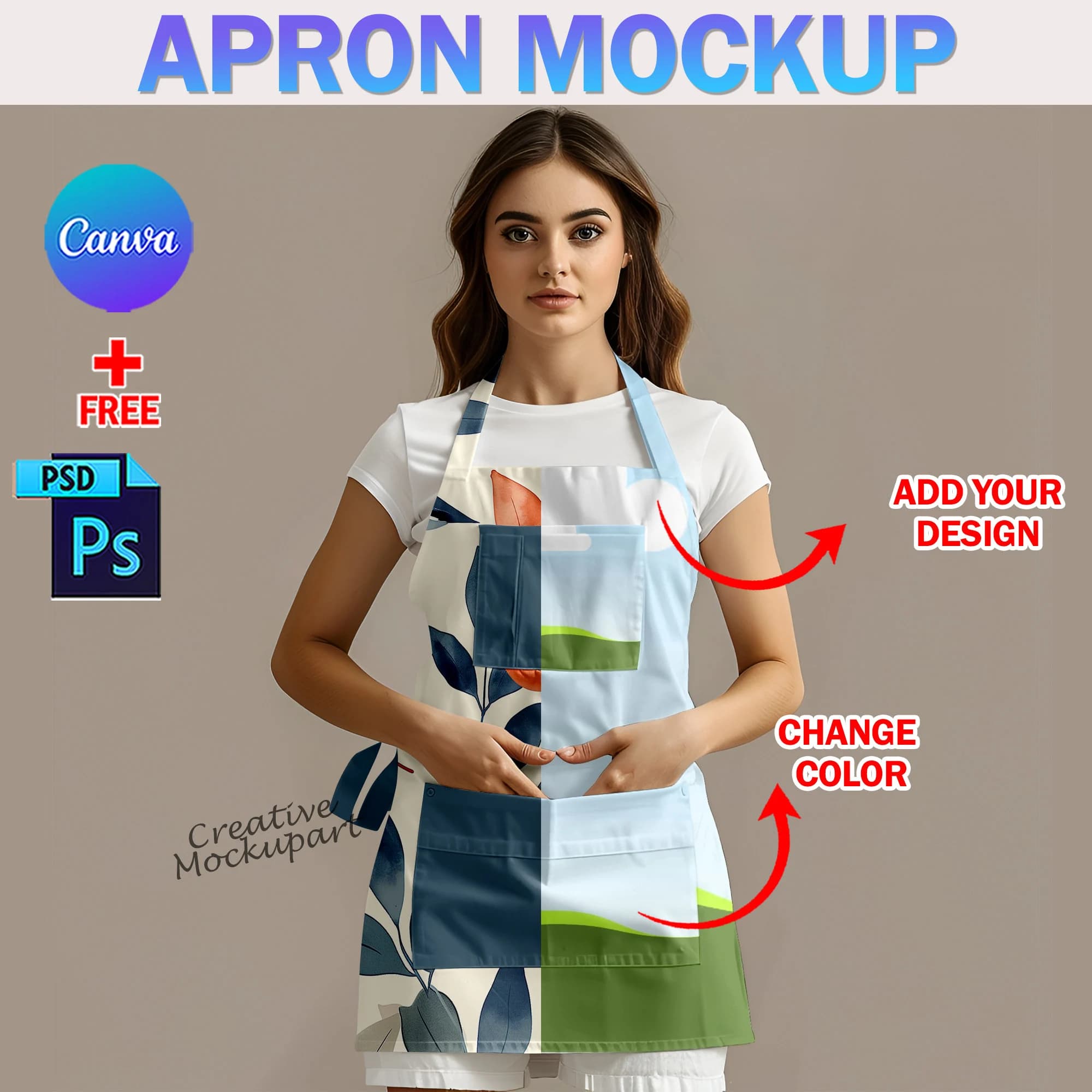 Canva AOP Apron Mockup, Apron With Pocket Canva Mockup, Kitchen, Woman, Apron Mockup Canva Frame And Photoshop PSD Template