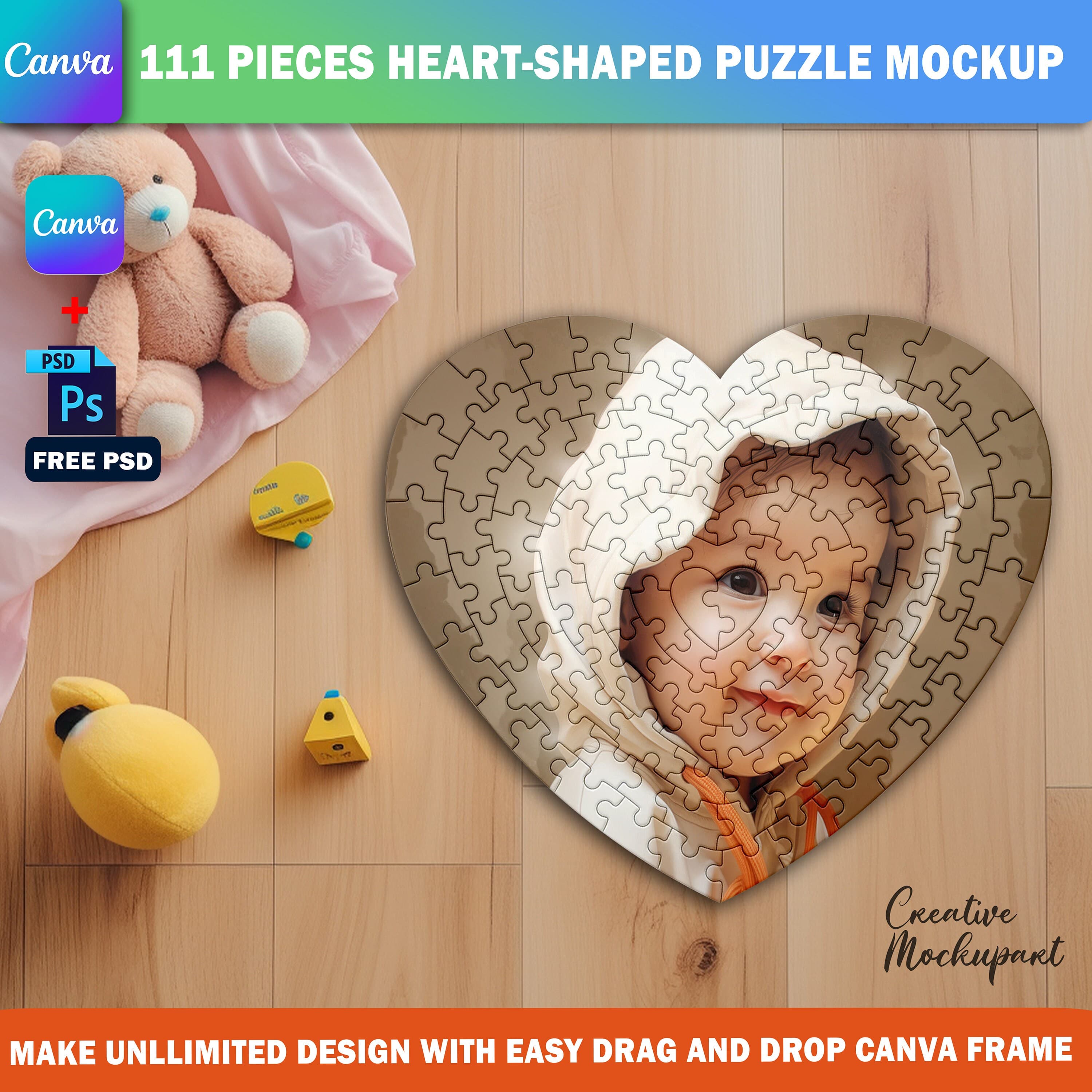 Canva 111 Piece Heart Shape Puzzle Mockup, Jigsaw Puzzle Template For Sublimation, Insert Design & Background Via Smart Canva Frame And PSD - image 3