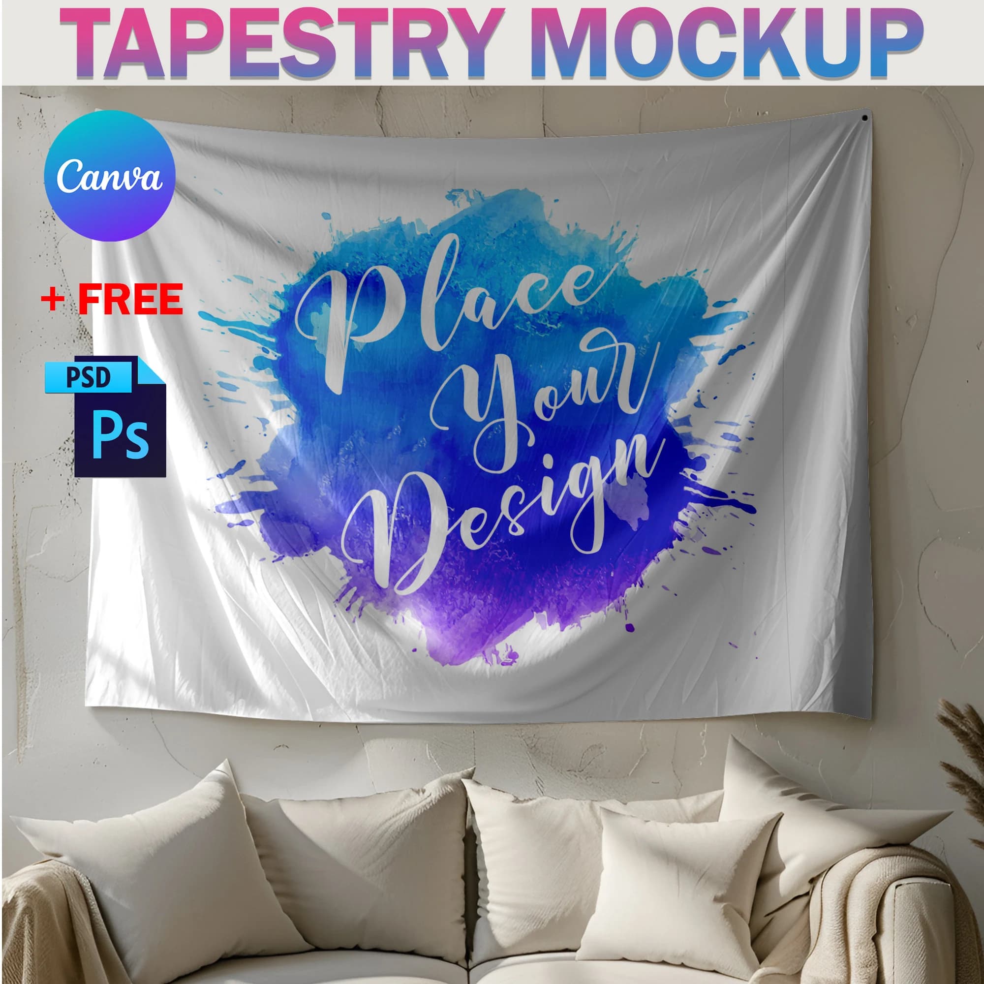 Canva & PSD Tapestry Mockup, Wall Flag Mockup, Boho Tapestry Mockup, Transparent PNG, Photoshop PSD, Canva Frame Tapestry Diversified Pack - image 5