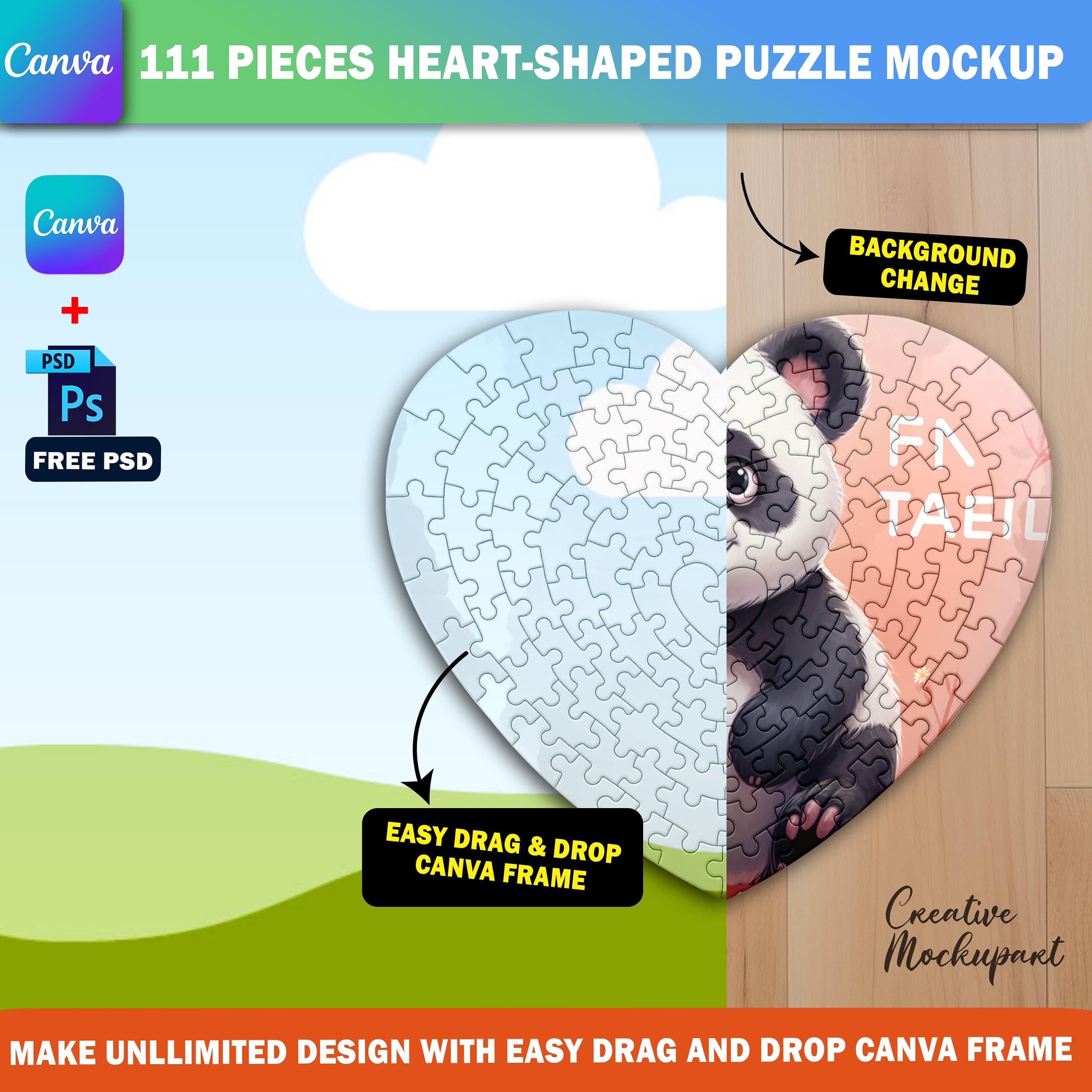 Canva 111 Piece Heart Shape Puzzle Mockup, Jigsaw Puzzle Template For Sublimation, Insert Design & Background Via Smart Canva Frame And PSD