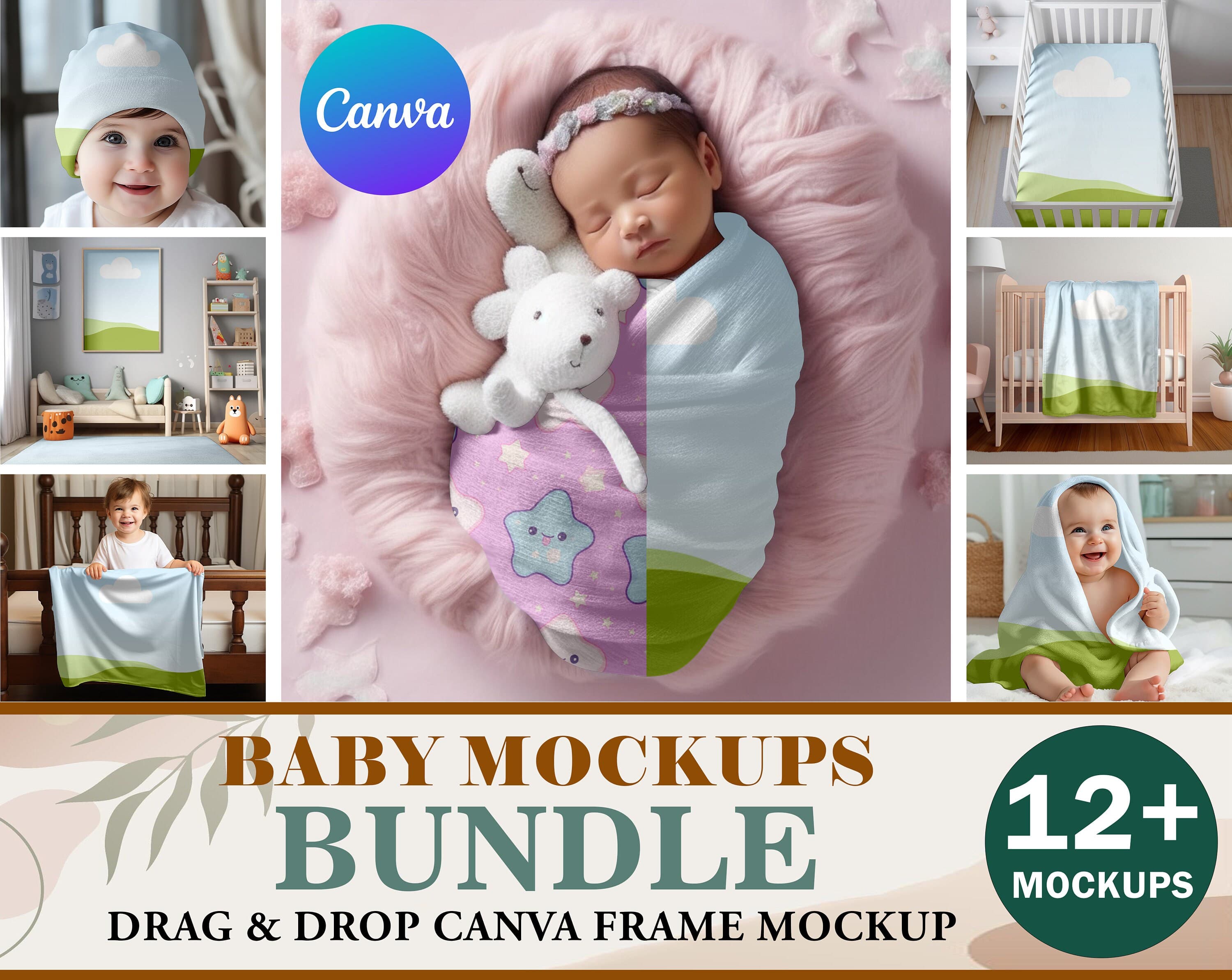 12 Canva Baby Mockups Bundle | Baby Swaddle Mockup | Toddler Blanket Mockups | Bib Mockup| Crib Sheet Mockup | Beanie, Onesie, Room Mockup