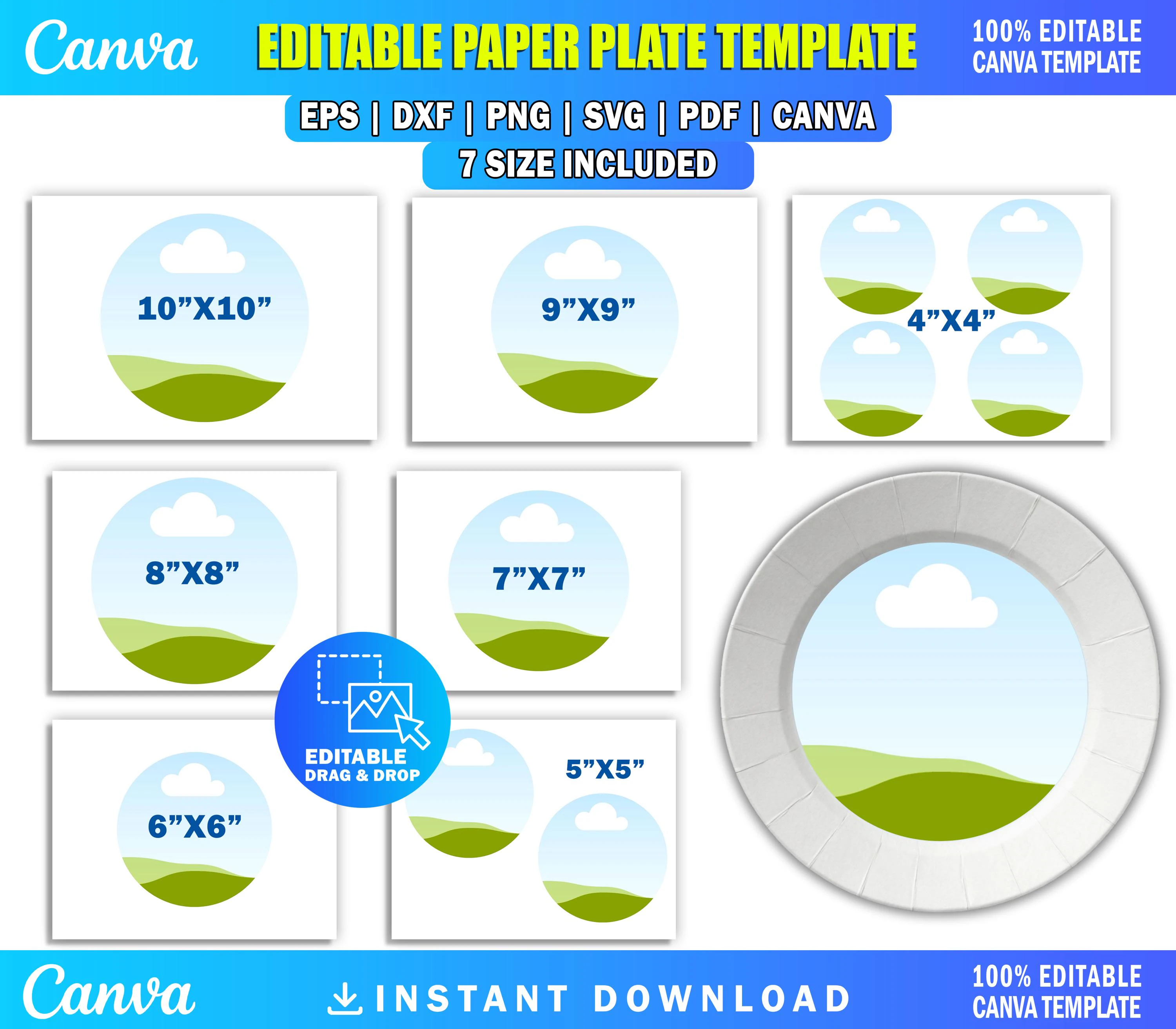 Editable Paper Plate Template Bundle, 4 to 10 Inch Canva Plate Design, Blank Round Plate, Custom Canva Kitchen Plate, Plate Charger Template