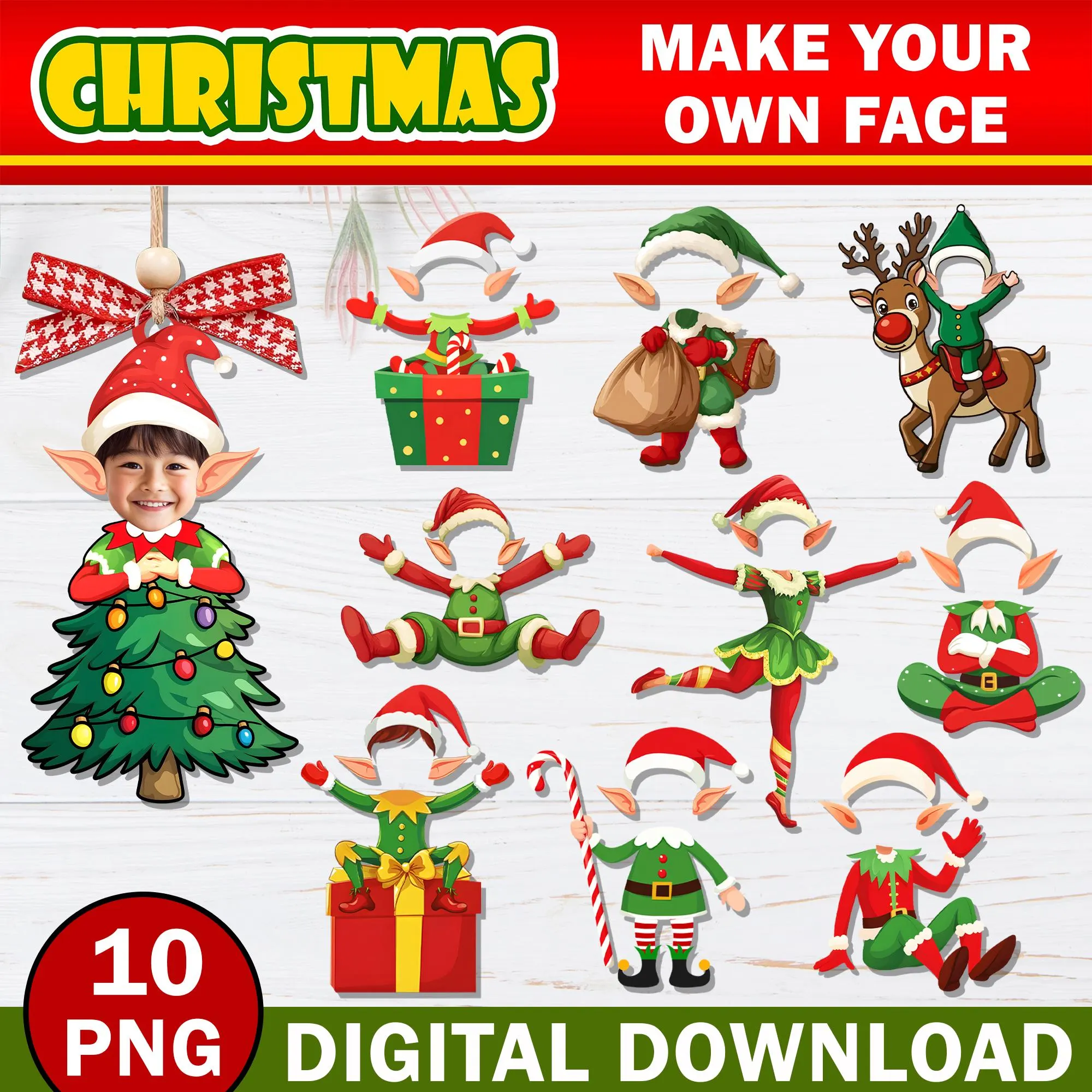 10x Christmas Add Your Own Custom Photo Face Ornament, DIY Elf Yourself PNG Bundle, Elf Face Blank, Xmas Office Ornament For Party & Decor
