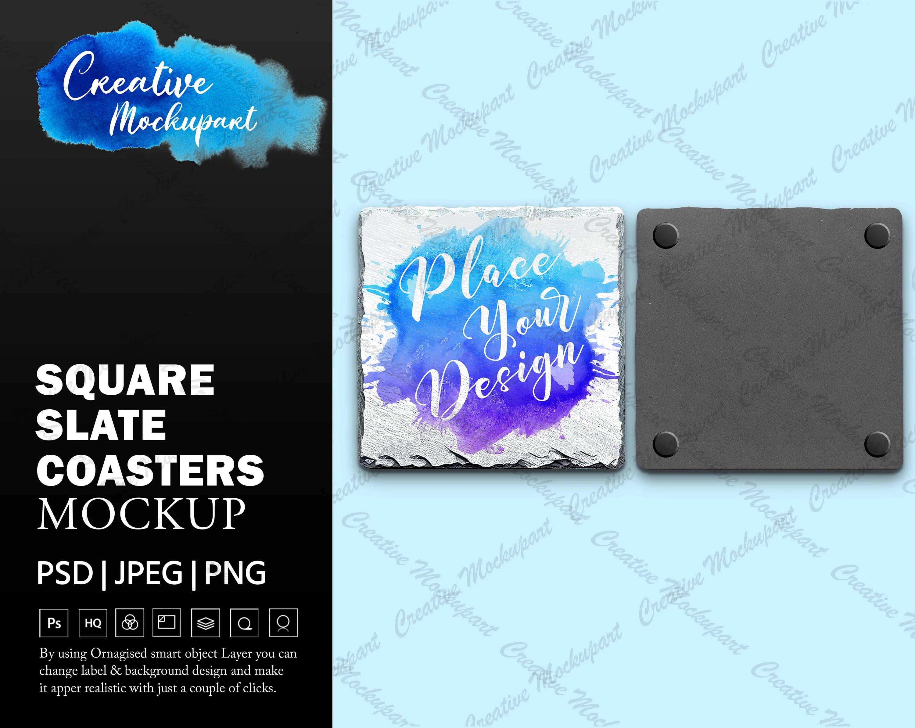 DYE Sublimation Square Slate Coasters Front and Back Mockup | Add your own Design Via Photoshop Smart PSD Object and Canva PNG
