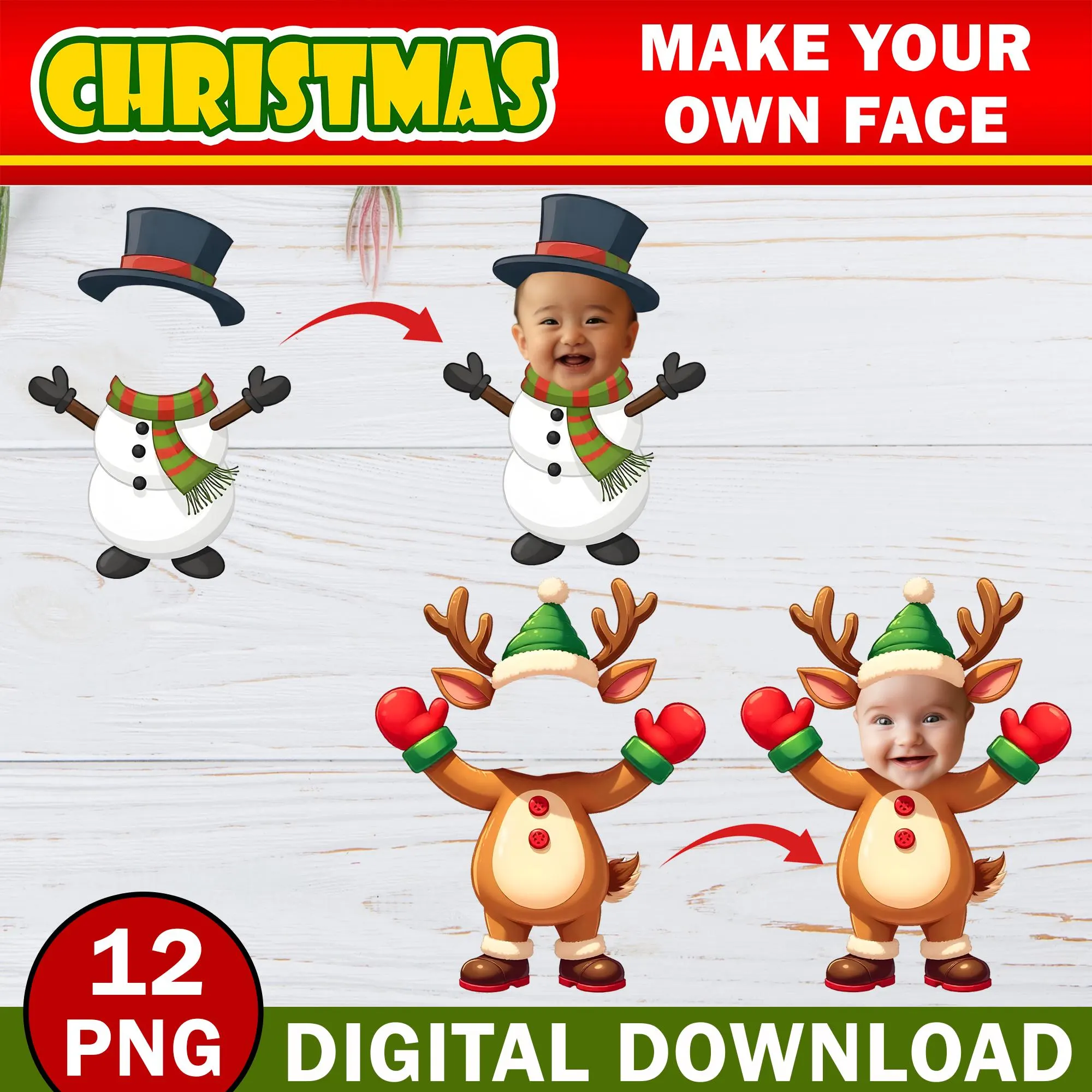Christmas Add Your Own Photo Face Mega Bundle, DIY Elf, Santa Reindeer, Snowman Yourself PNG Bundle,  Elf Face Blank Kids Xmas Craft & Decor - image 3