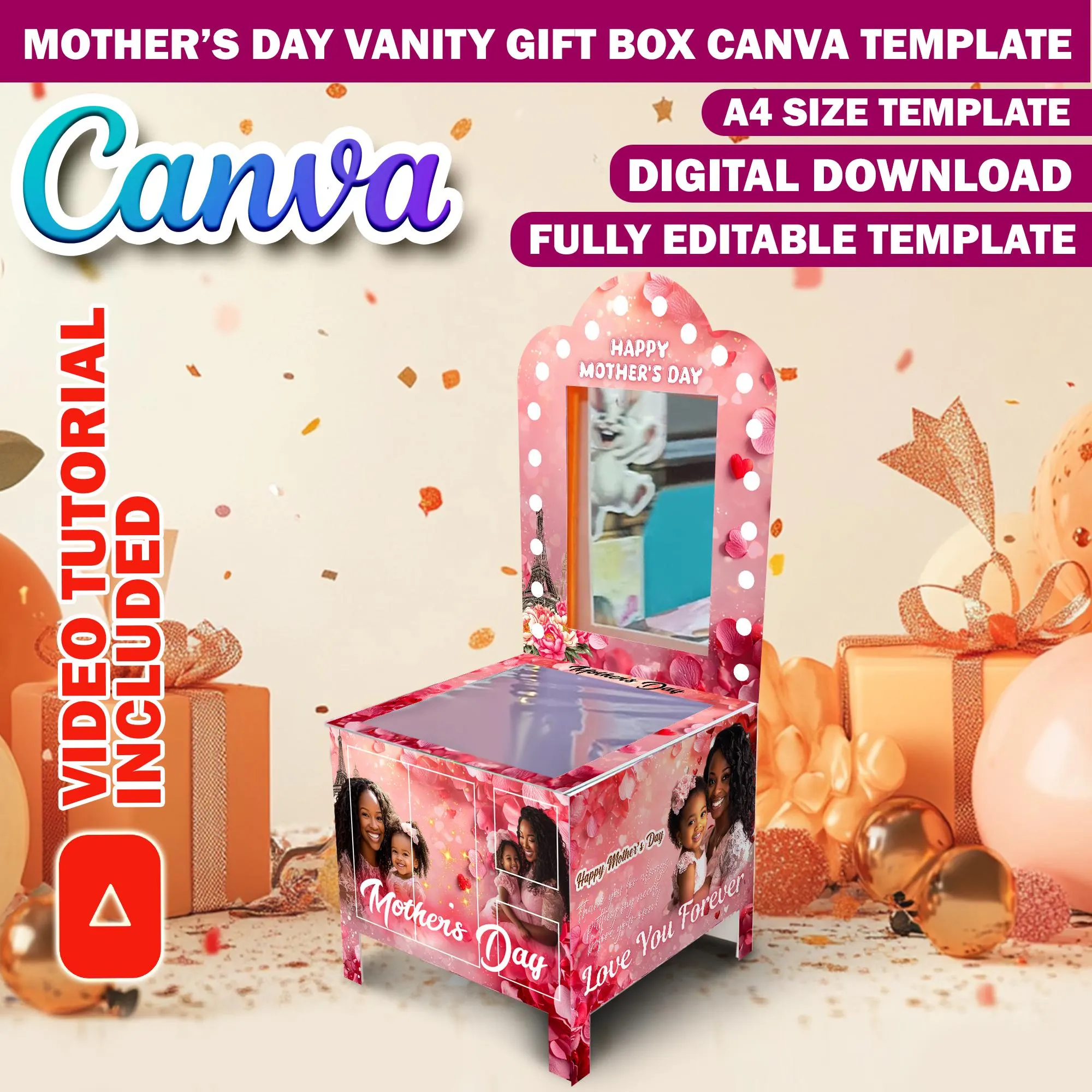 Mothers Day Vanity Gift Box Canva Design Template, DIY Foam Board Easter Basket Gift Box, Editable Luxury Gift Bag Birthday DIY Gift Makeup - image 4
