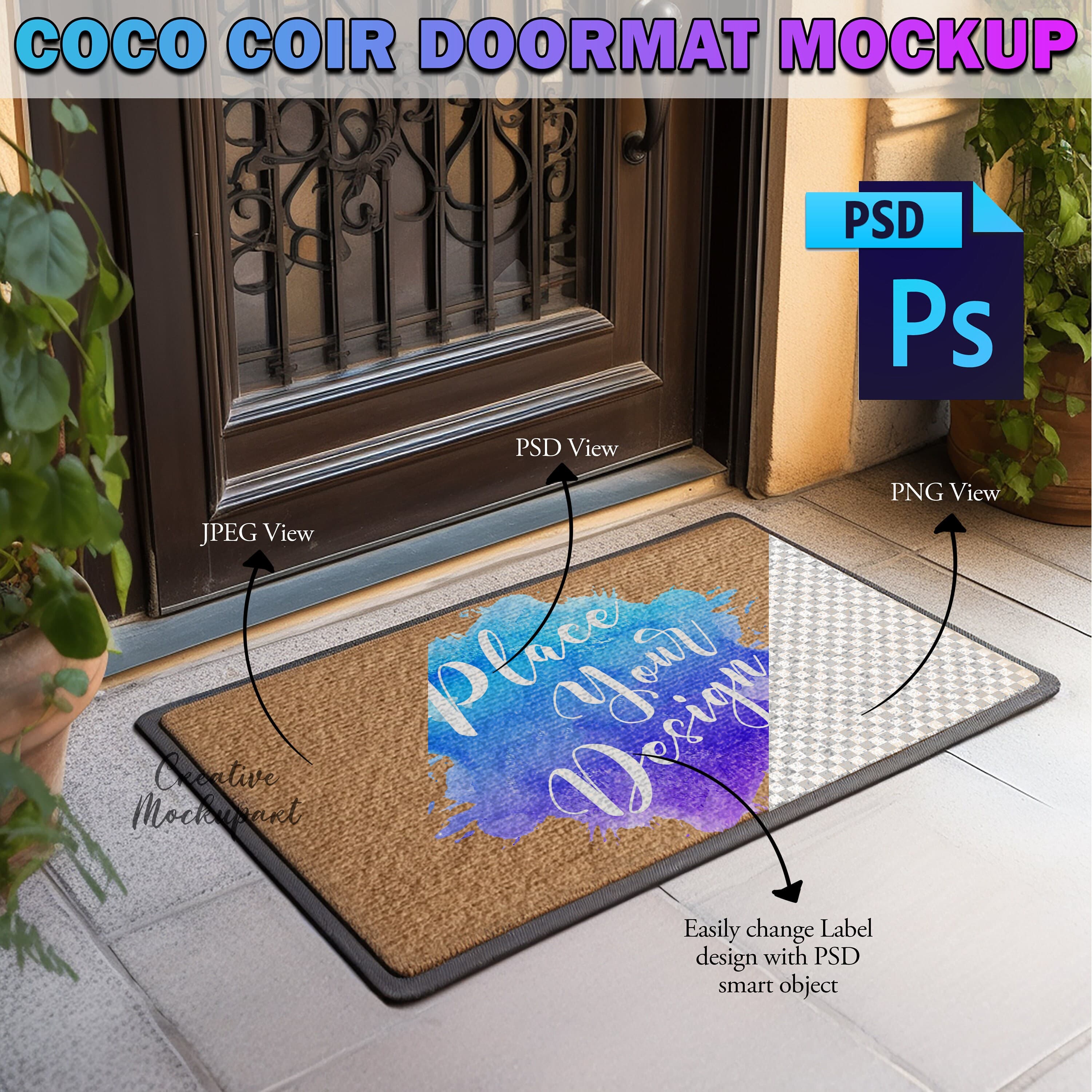 Coco Coir Doormat Mockup | Outdoor Doormat Mockup | Farmhouse Style Mockups | Insert Design Via PSD Smart Object, Canva PNG - image 3
