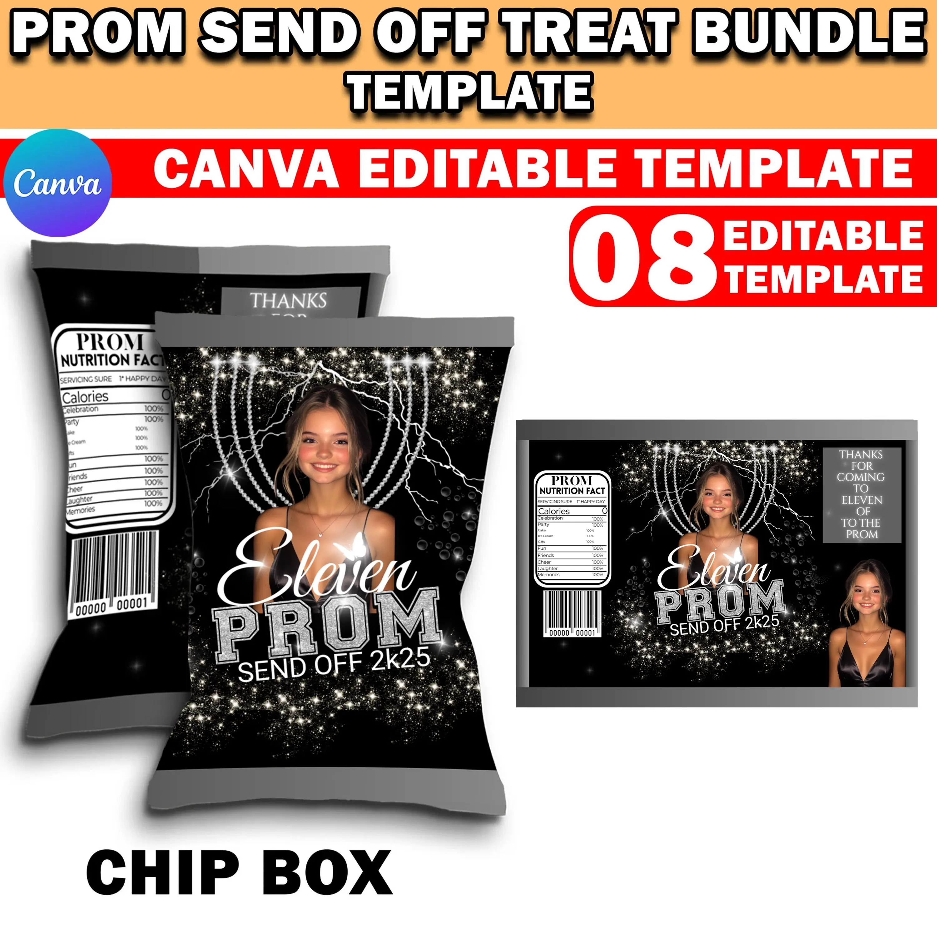 Prom Send Off Treat, Prom Packaging Template Bundle, Glitter Silver & Black Prom Treats, Canva Party Bundle, Custom Water Labels, Chip Bag - image 3