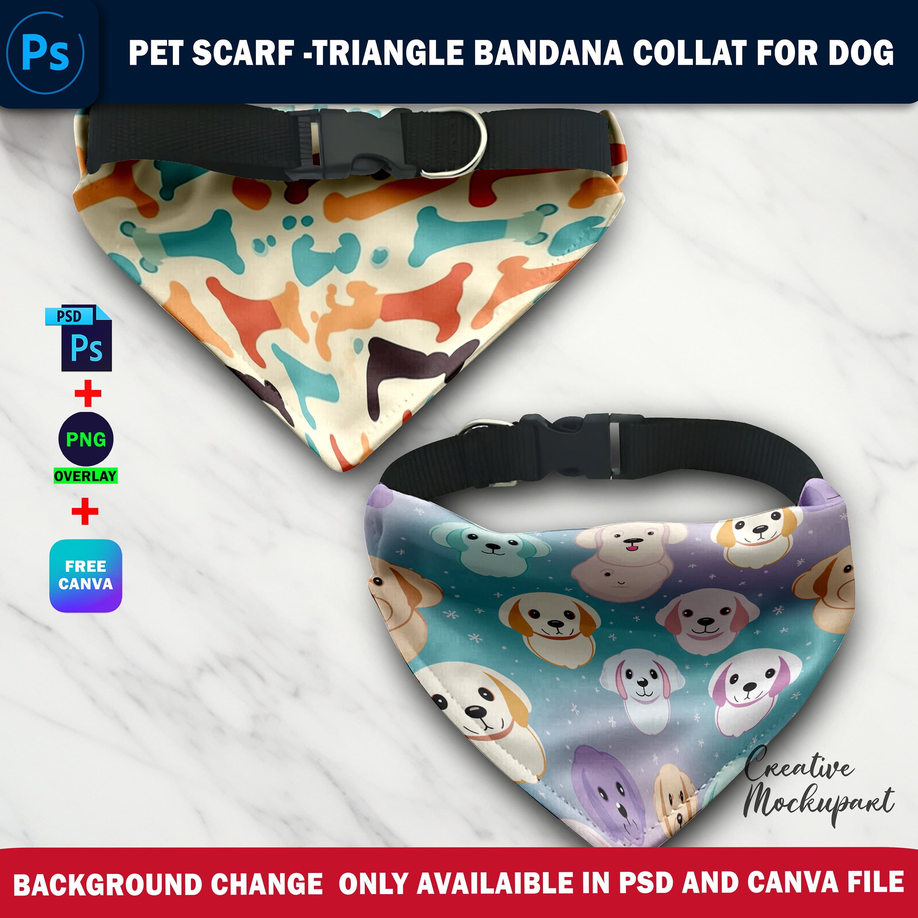 Dye Sublimation Pet Scarf Mockup, Triangle Bandana With Collar Mockup, Insert Design & Background Via Smart Canva Frame, Photoshop PSD - image 5