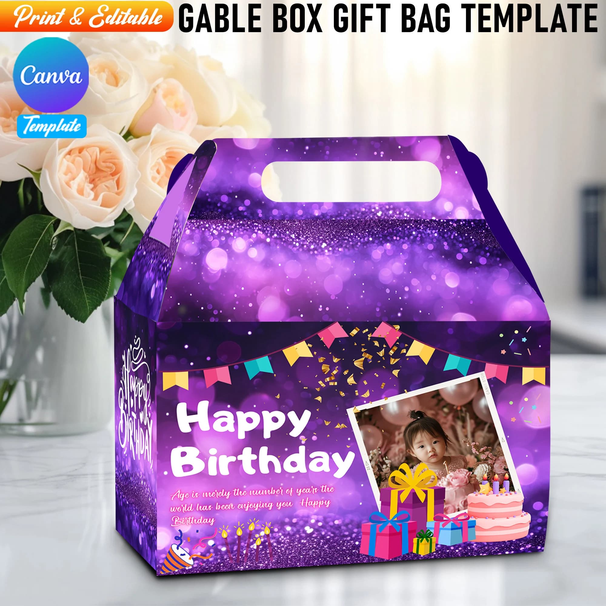 Editable Birthday Gable Box Gift Template, Sparkle Purple Birthday Favor Box Birthday Party Gable Box Printable Goody Box/Bag Label Template - image 4