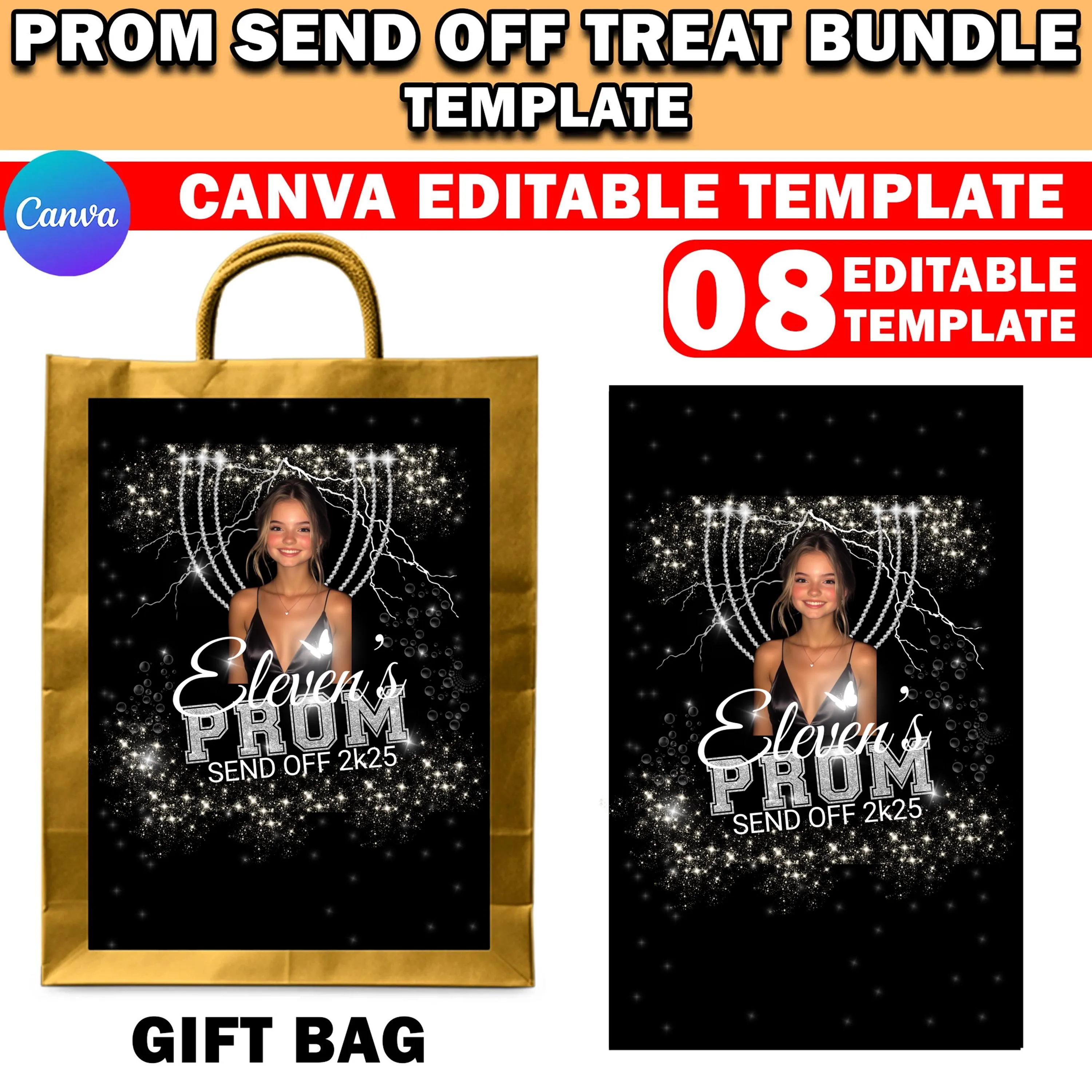 Prom Send Off Treat, Prom Packaging Template Bundle, Glitter Silver & Black Prom Treats, Canva Party Bundle, Custom Water Labels, Chip Bag - image 4