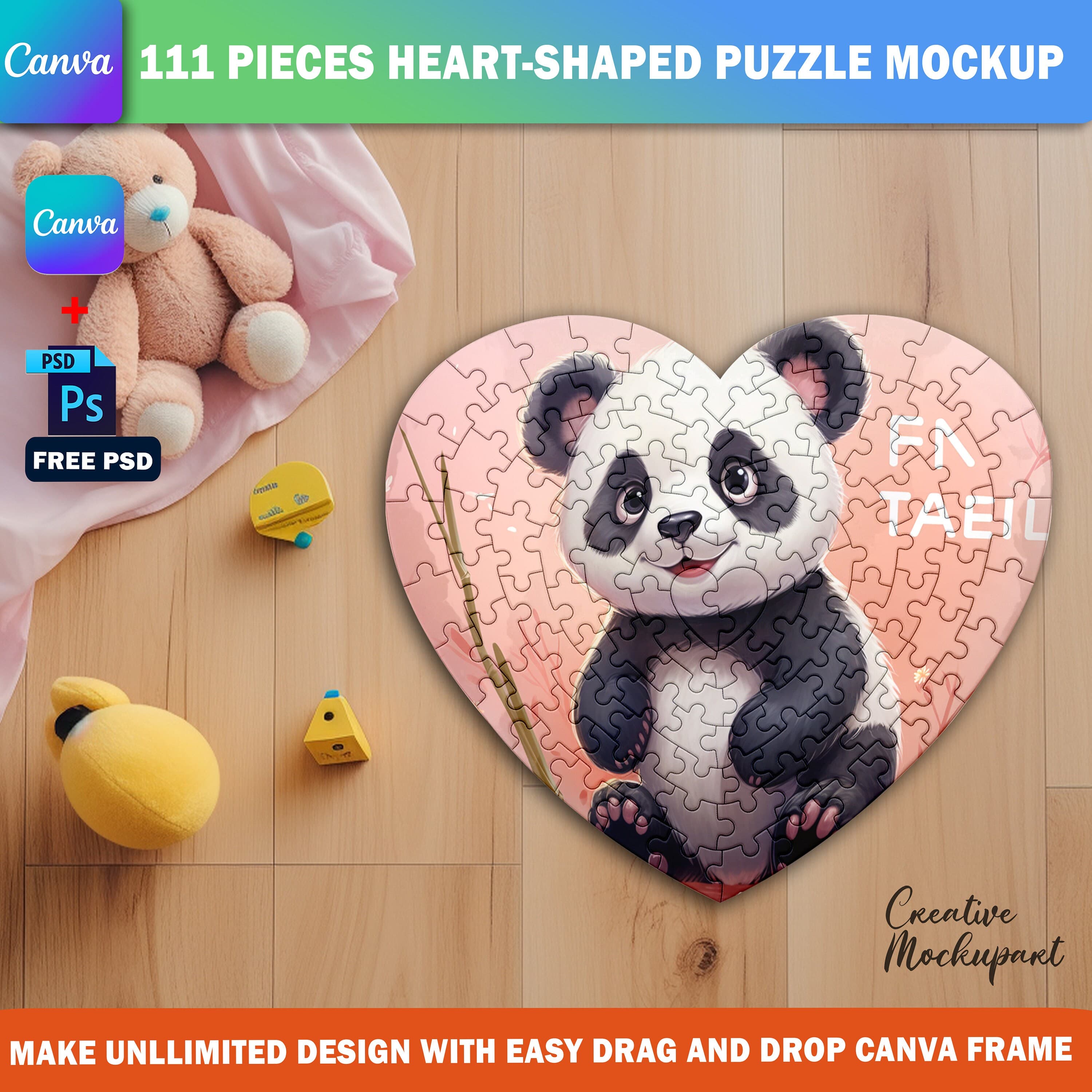 Canva 111 Piece Heart Shape Puzzle Mockup, Jigsaw Puzzle Template For Sublimation, Insert Design & Background Via Smart Canva Frame And PSD - image 5