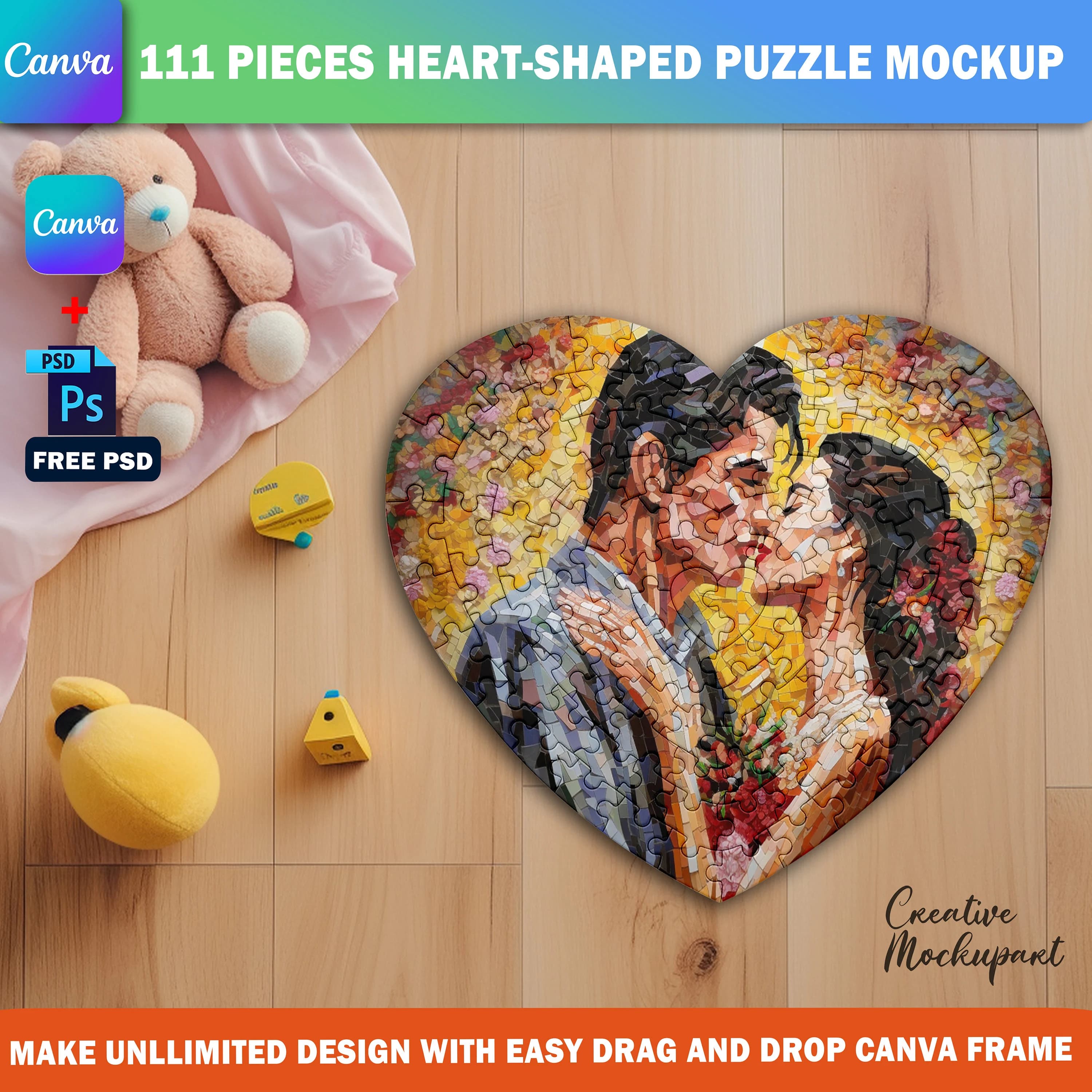 Canva 111 Piece Heart Shape Puzzle Mockup, Jigsaw Puzzle Template For Sublimation, Insert Design & Background Via Smart Canva Frame And PSD - image 4