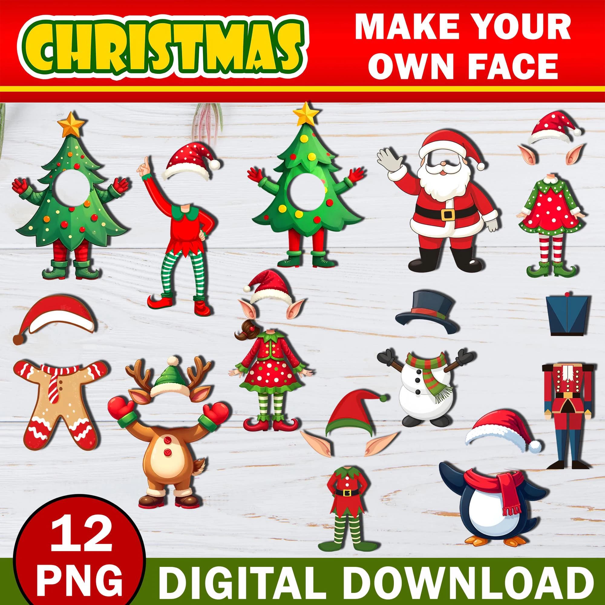 Christmas Add Your Own Photo Face Mega Bundle, DIY Elf, Santa Reindeer, Snowman Yourself PNG Bundle,  Elf Face Blank Kids Xmas Craft & Decor