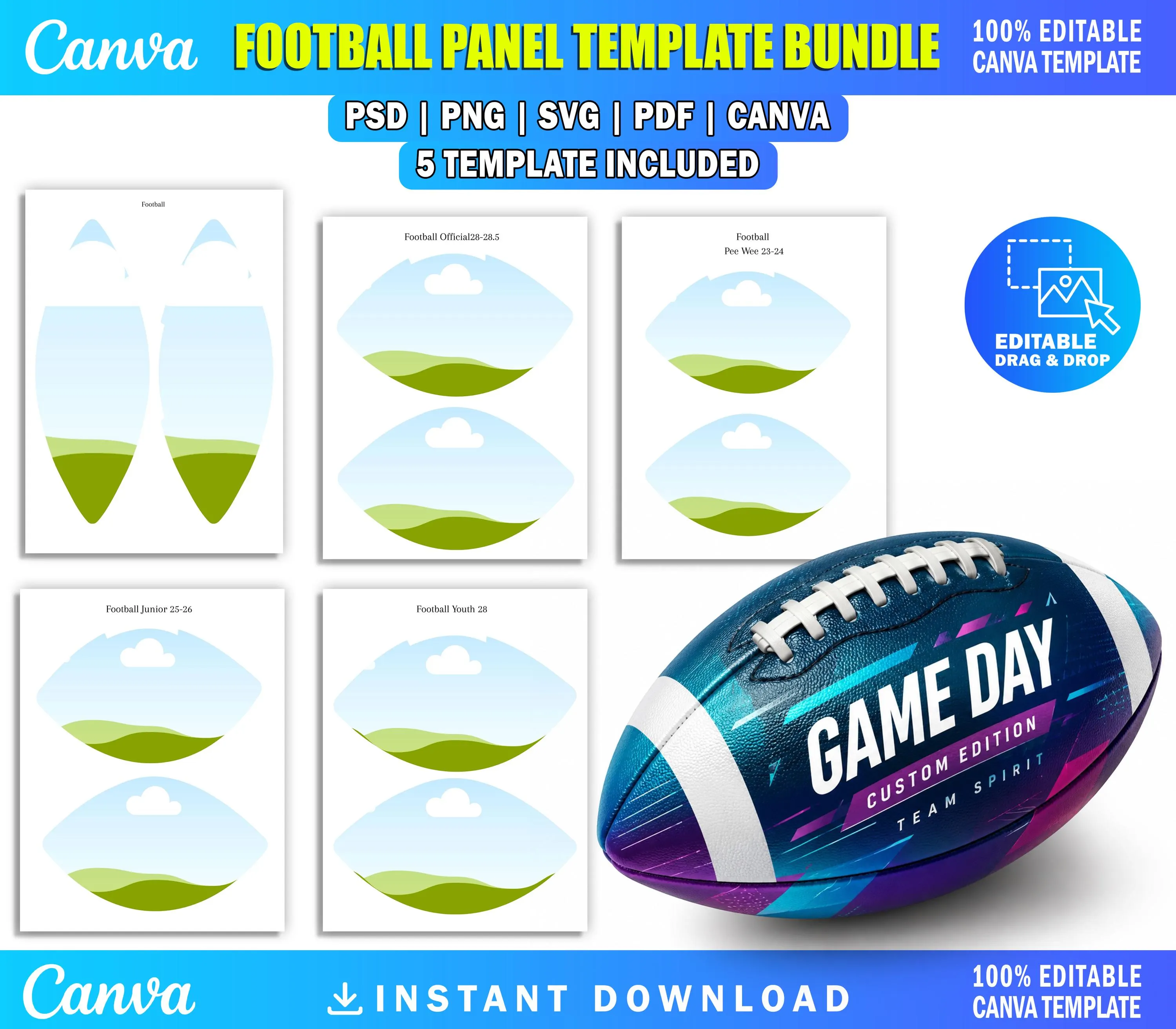 Football Panel Template Bundle, Custom Football Wrap Canva Template, DIY Photo Football Panel SVG PSD Template, Sports Ball Sublimation