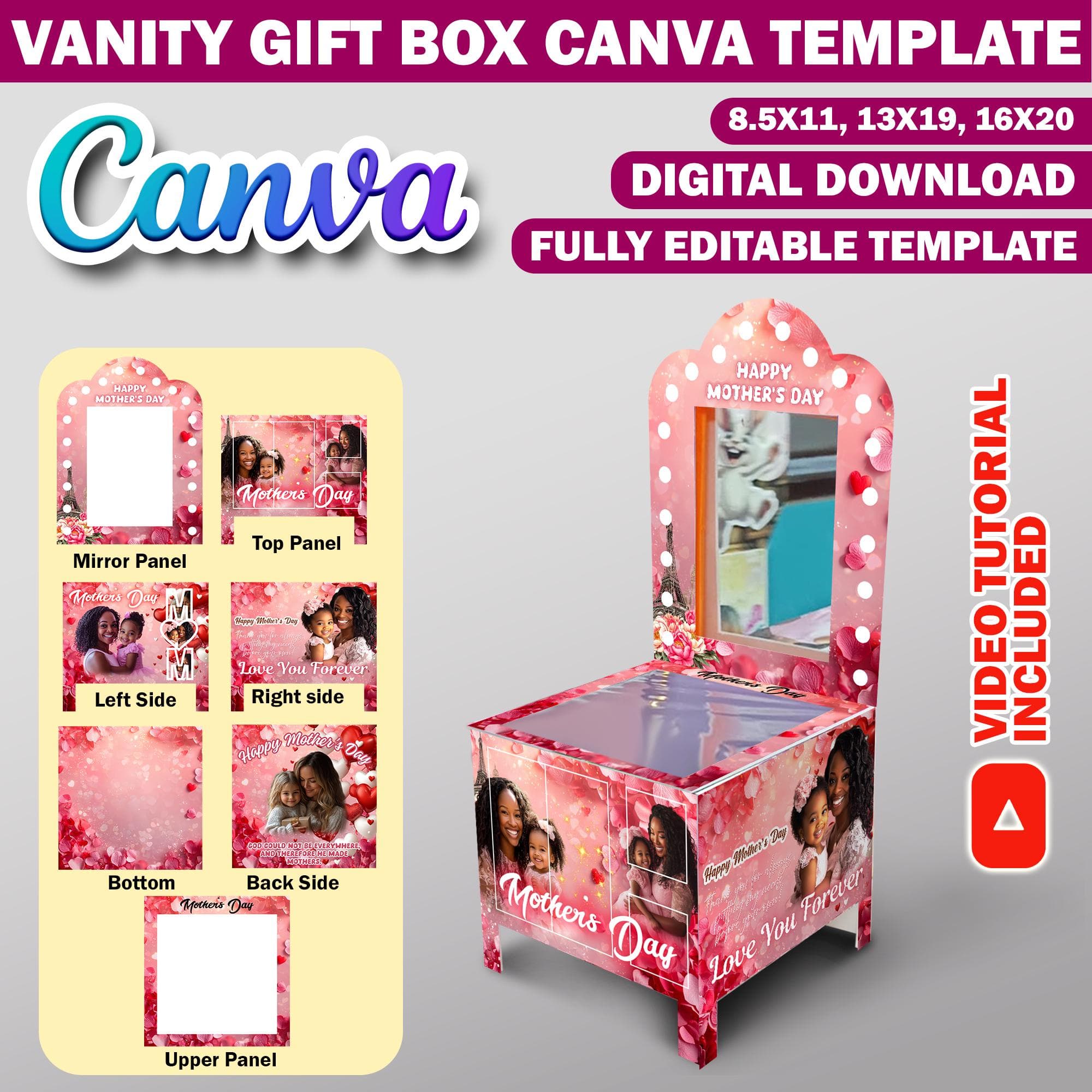 Mothers Day Vanity Gift Box Canva Design Template, DIY Foam Board Easter Basket Gift Box, Editable Luxury Gift Bag Birthday DIY Gift Makeup