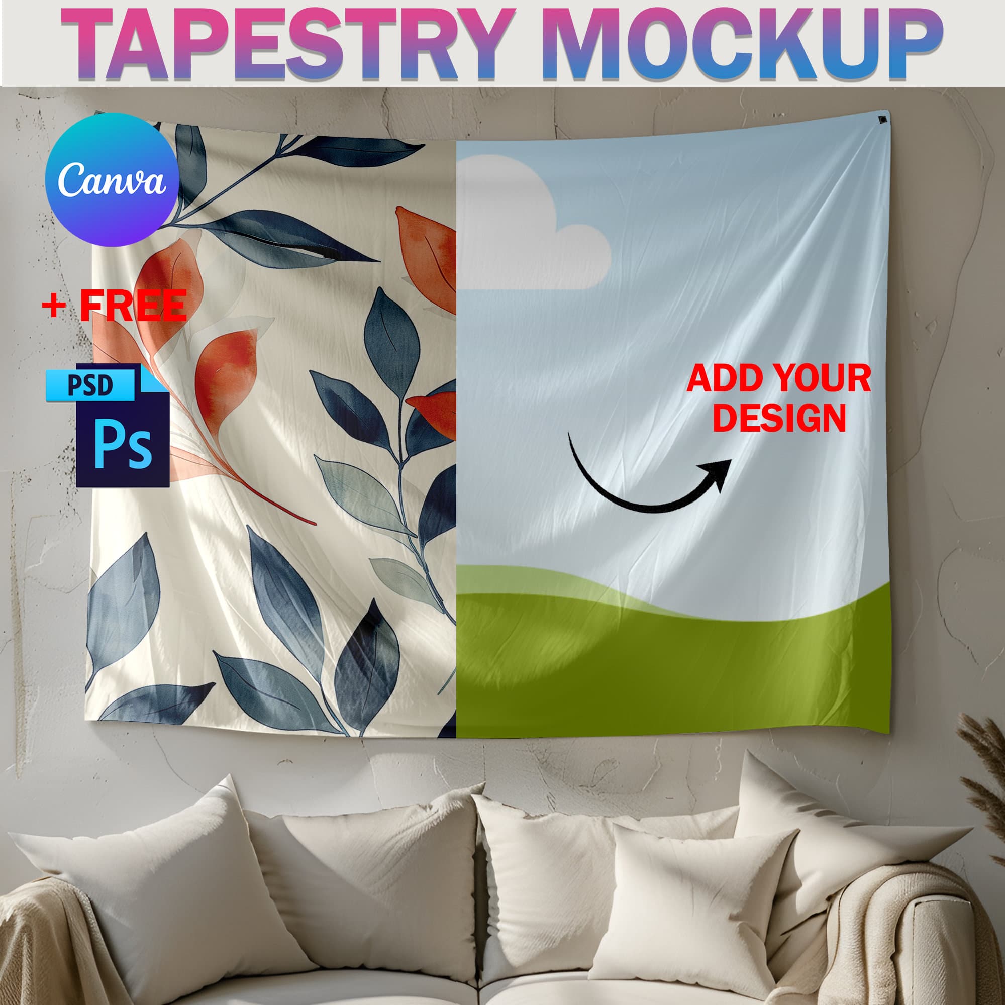 Canva & PSD Tapestry Mockup, Wall Flag Mockup, Boho Tapestry Mockup, Transparent PNG, Photoshop PSD, Canva Frame Tapestry Diversified Pack