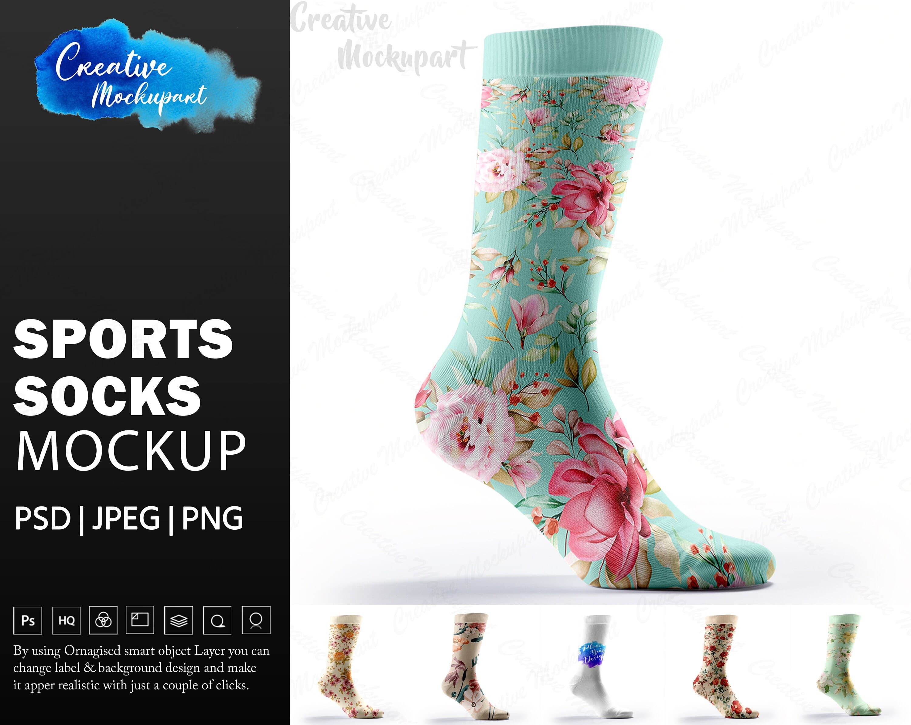 Sports Socks Mockup For Dye Sublimation| Crew Socks Mockup | Add Your Own Design Via Photoshop Smart PSD Object, Canva PNG & JPG