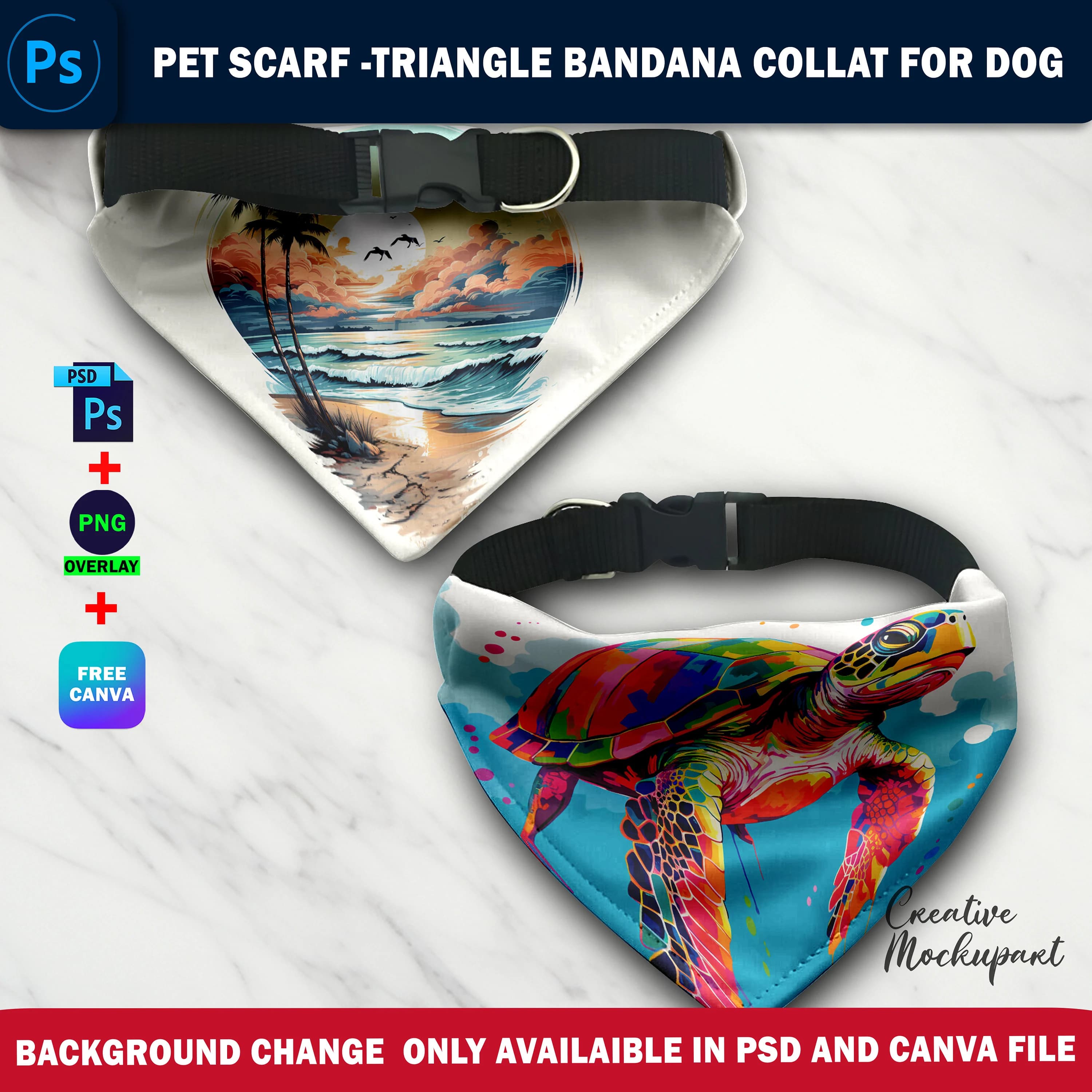 Dye Sublimation Pet Scarf Mockup, Triangle Bandana With Collar Mockup, Insert Design & Background Via Smart Canva Frame, Photoshop PSD - image 4