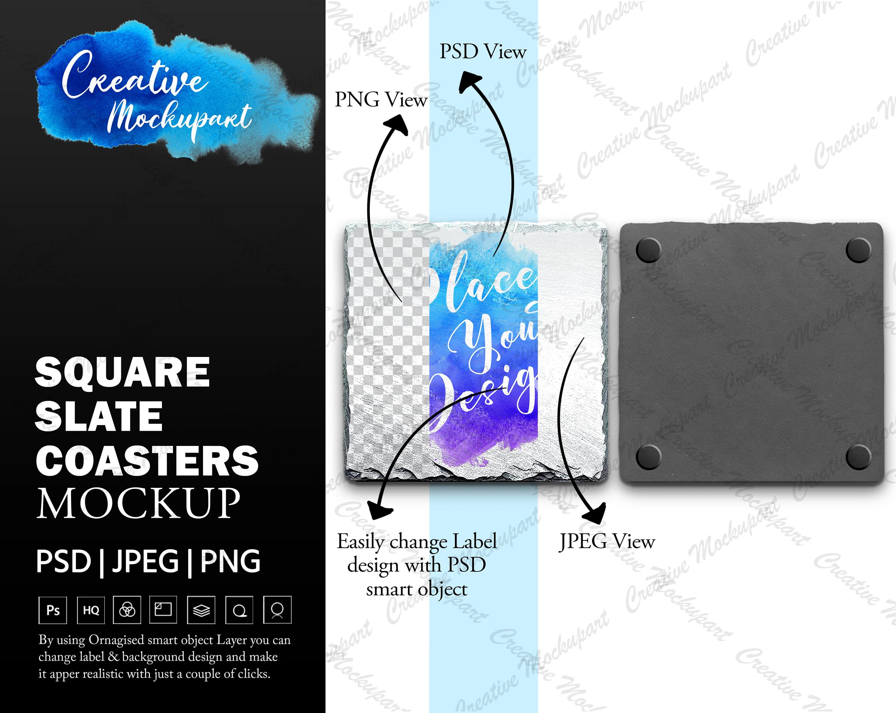 DYE Sublimation Square Slate Coasters Front and Back Mockup | Add your own Design Via Photoshop Smart PSD Object and Canva PNG - image 3