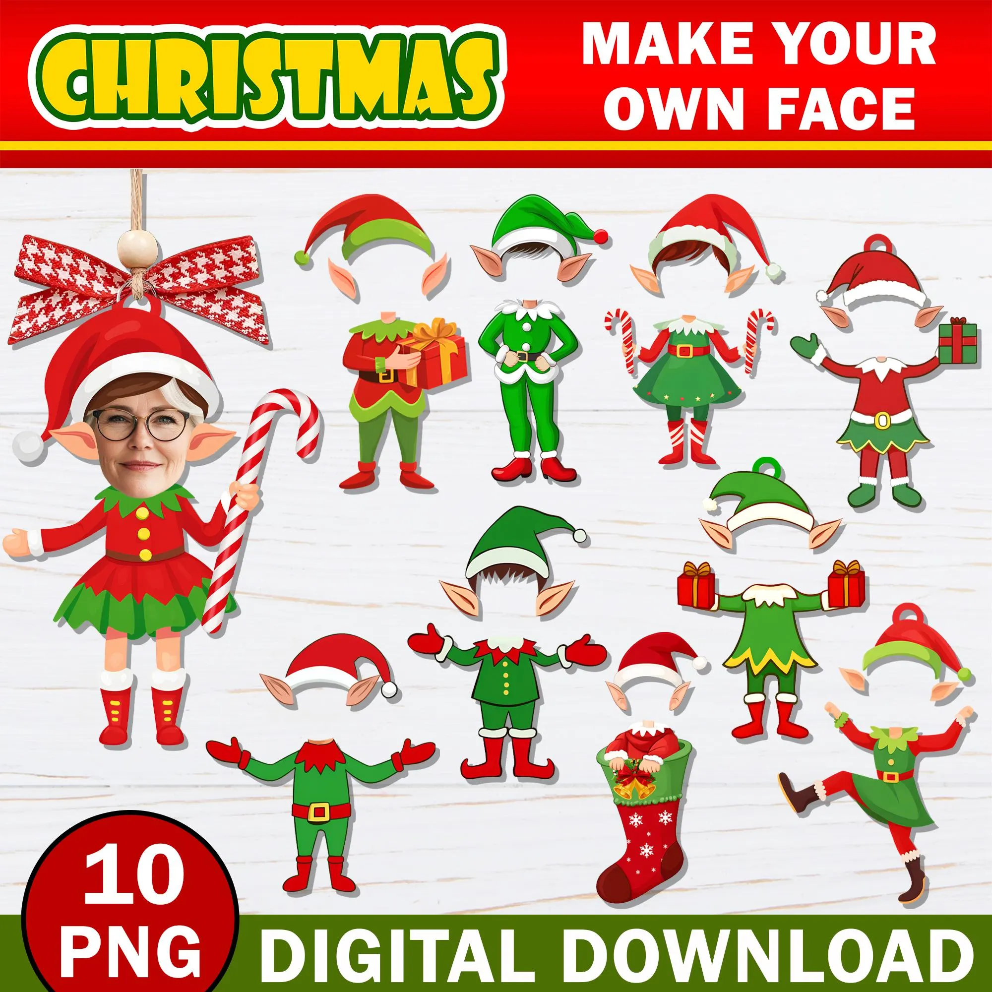 Custom Add Your Own Photo Face, DIY Elf Yourself PNG Bundle, Elf Face Blank, Christmas Craft for Kids, Christmas Bulletin Board Class Decor